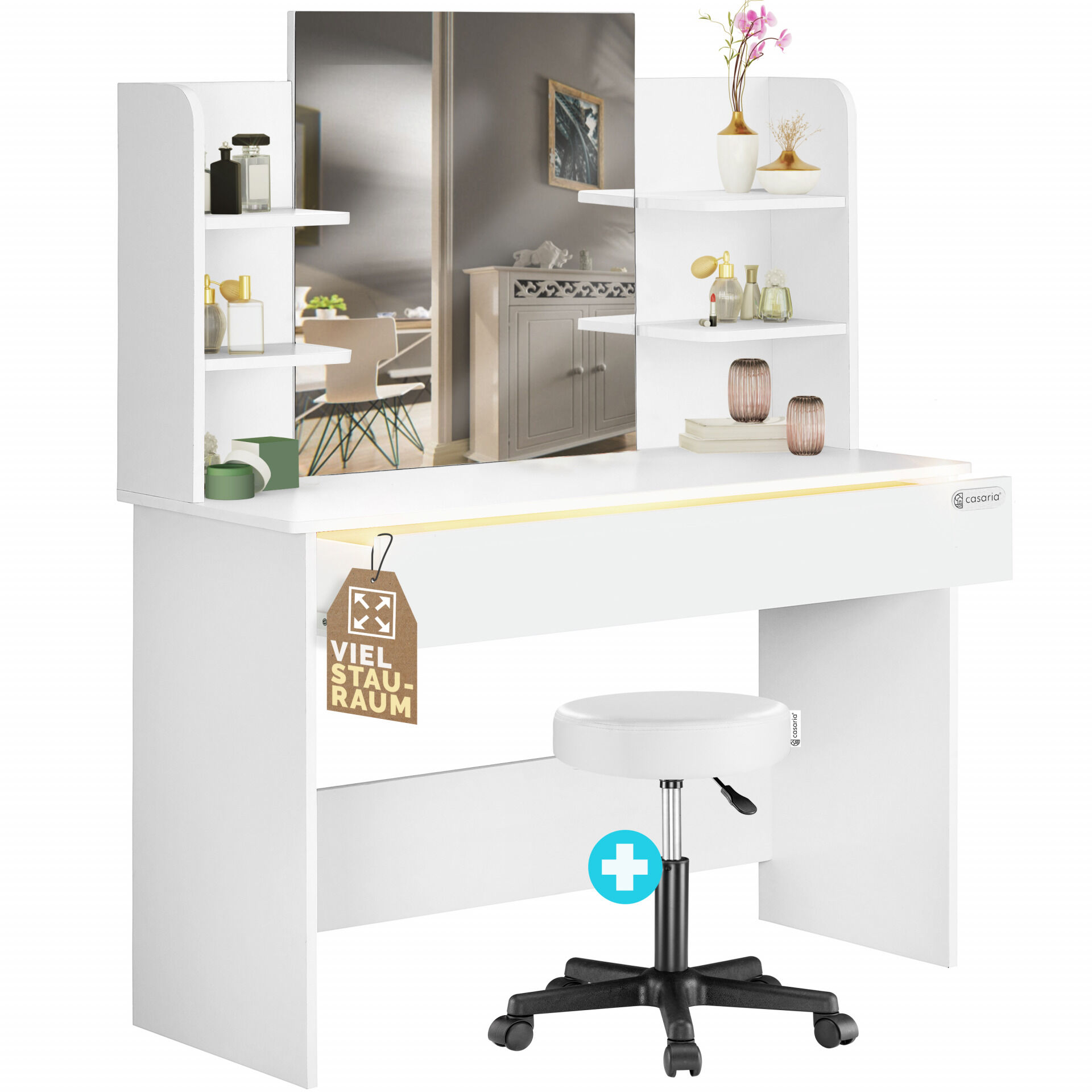 Schminktisch Lucia Weiß 140x110x40cm mit Rollhocker