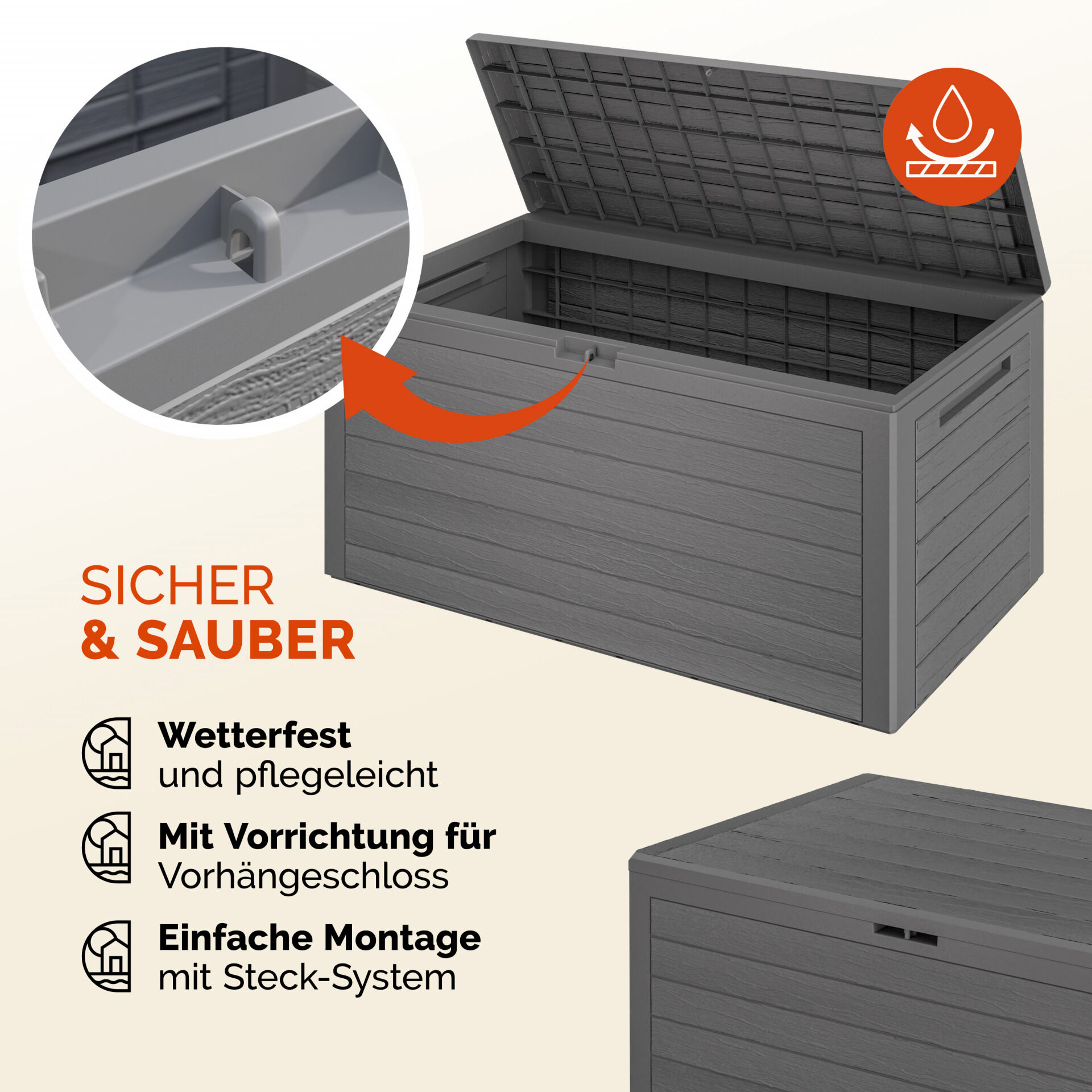 Gartenbox Woody 280L Grau Holzoptik wasserdicht