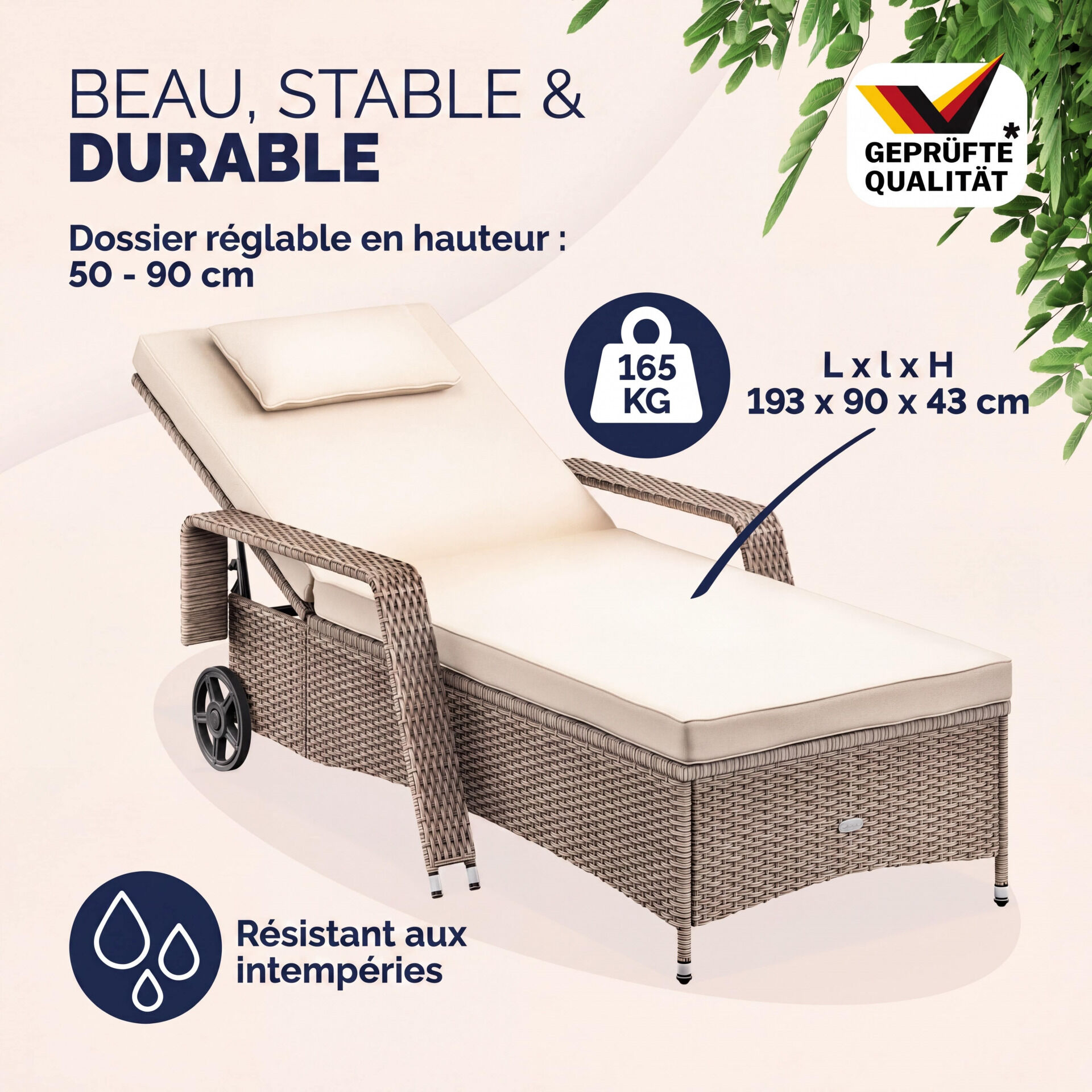 Polyrattan Gartenliege Creme/Creme 193x90x43cm