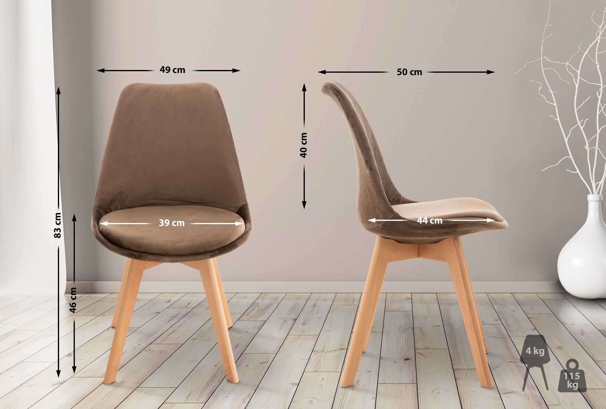 4er Set Stuhl Linares Samt, dunkelbraun