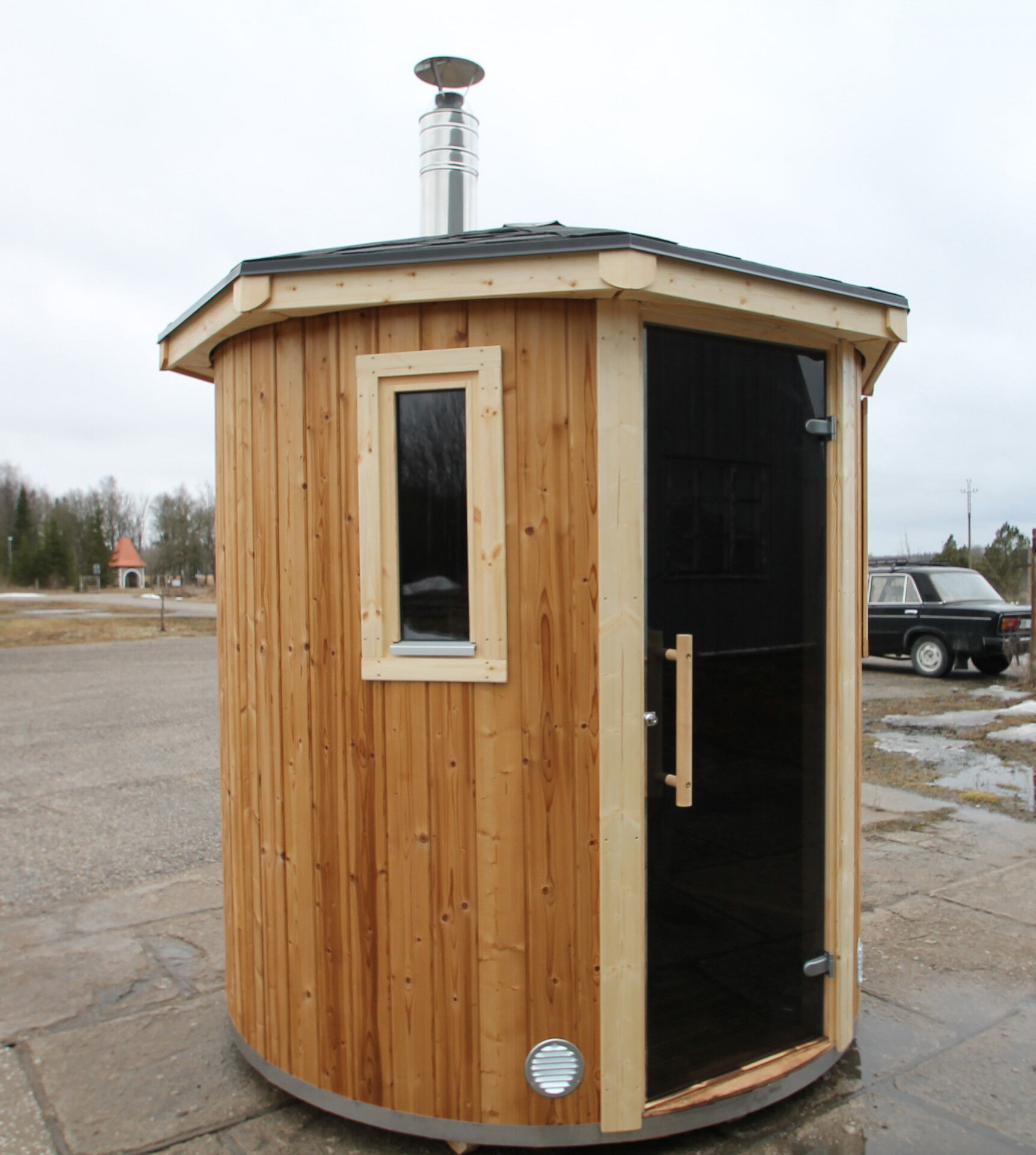 Vertikal Sauna Emil aus Thermoholz mit Tür aus bronziertem Sicherheitsglas