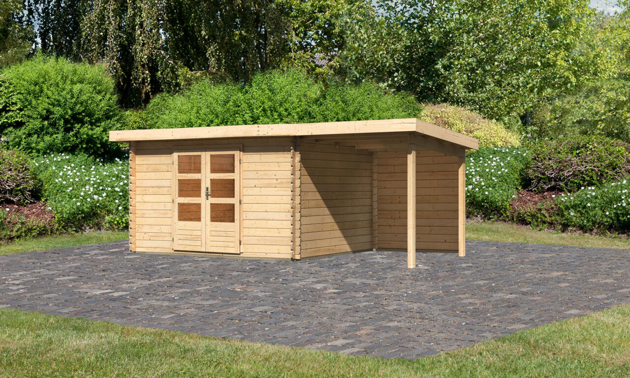 Pultdach Gartenhaus Bastrup 7 im Set mit Anbaudach 2 m breit, 28 mm Rückwand natur