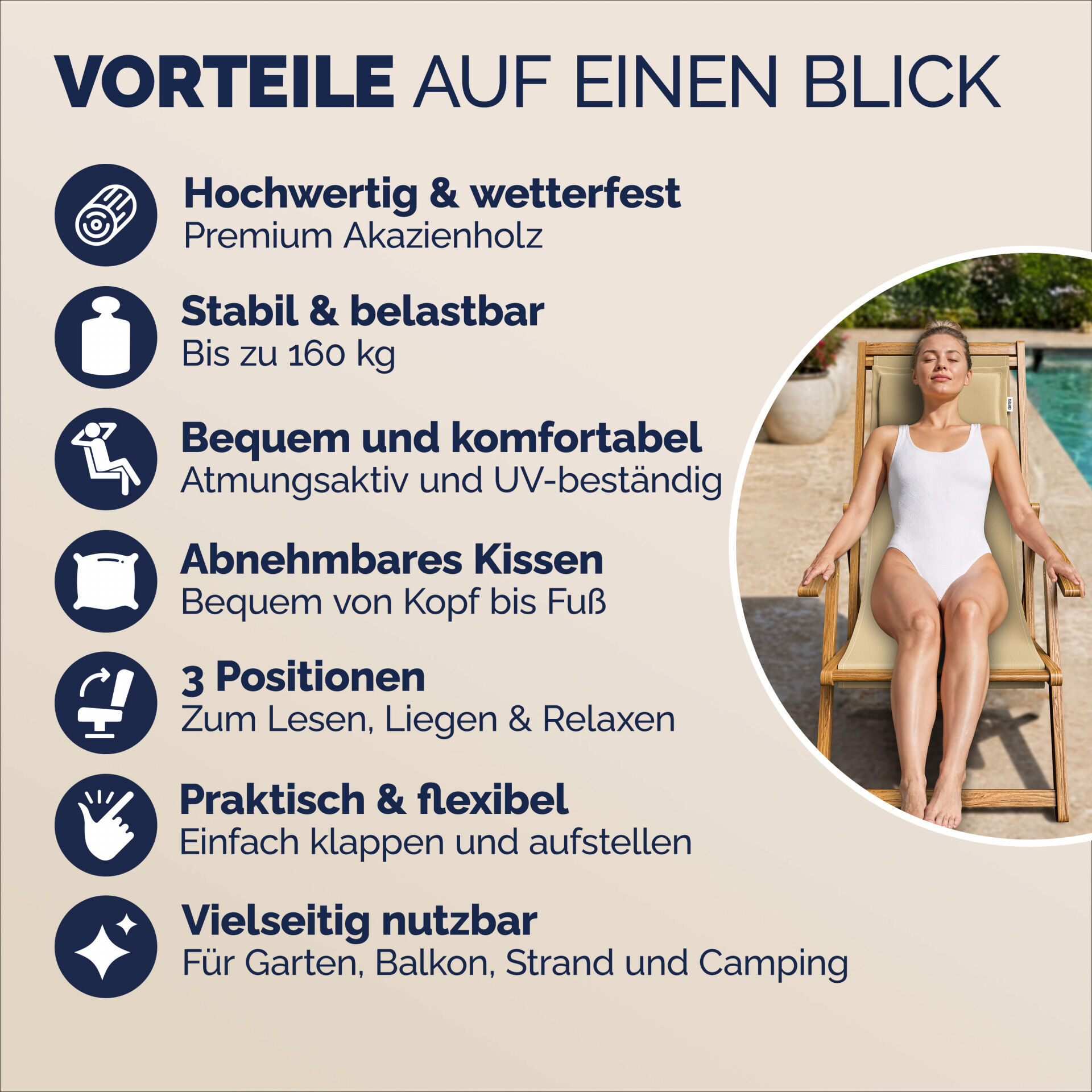 Gartenliege Creme Akazienholz 94x60x94cm