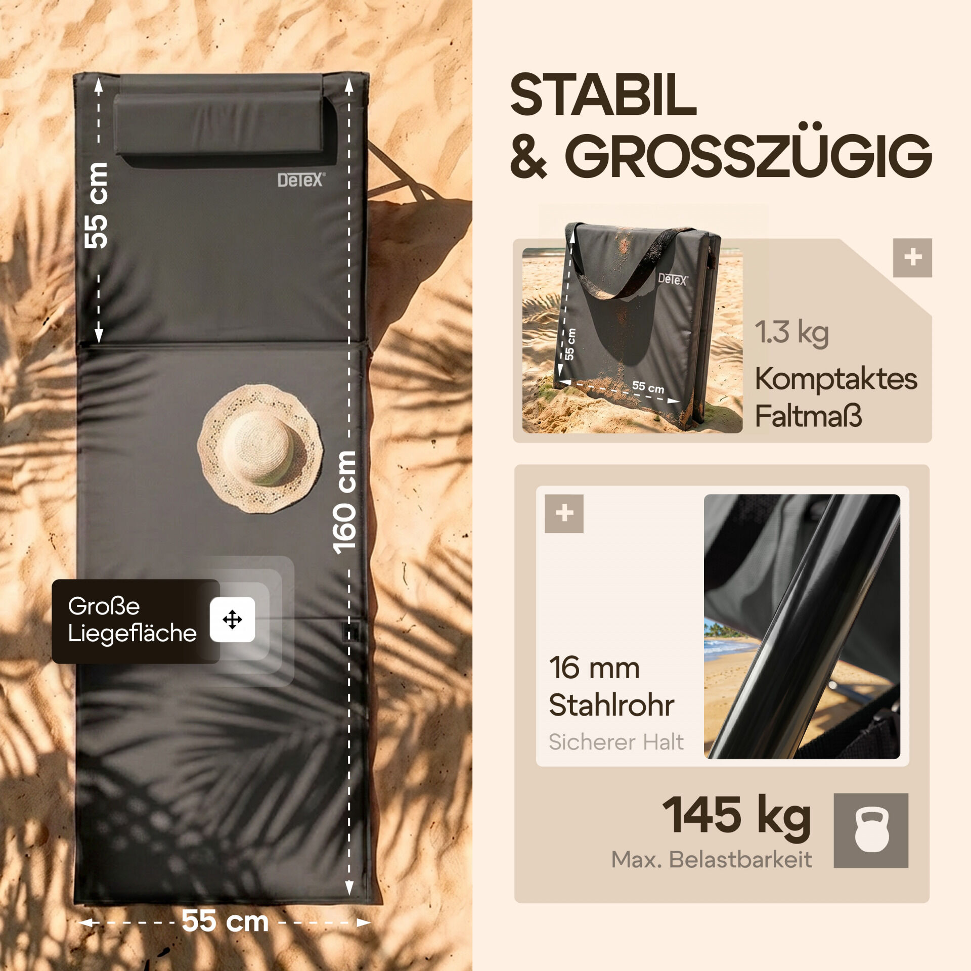 Strandmatte Anthrazit 158x56x46cm gepolstert