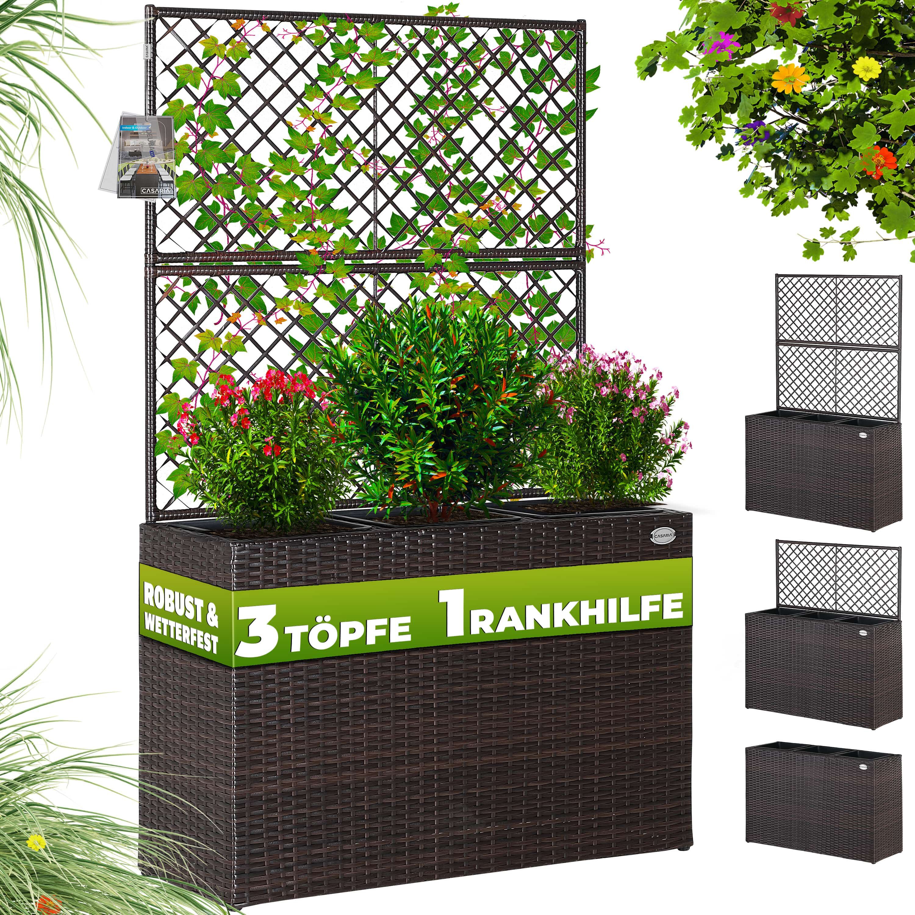 Polyrattan Blumenkasten mit Rankgitter Braun