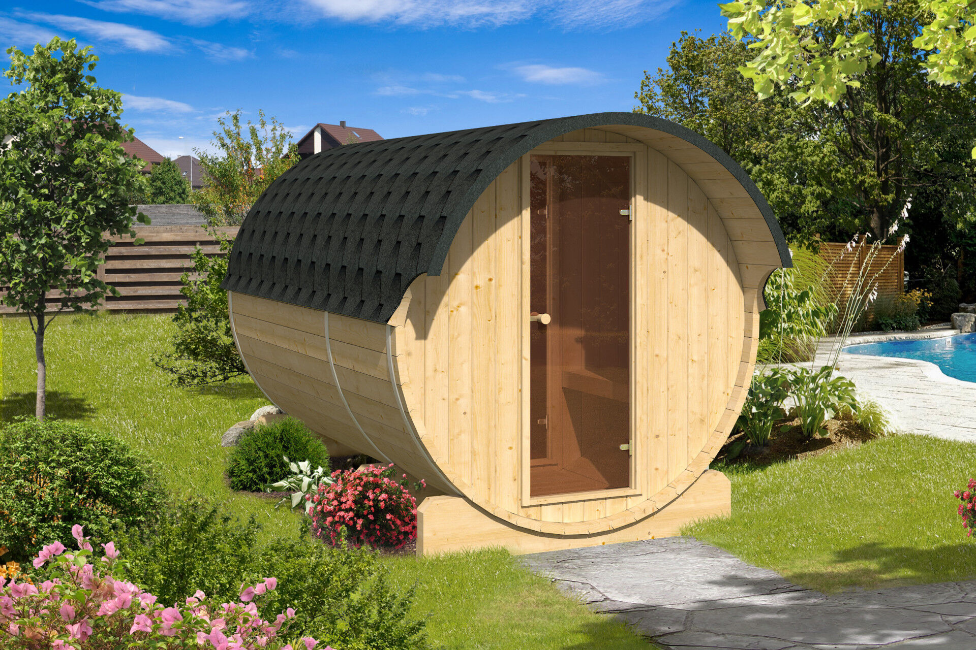 Finn Art Fass-Sauna Kari mit Glasscheibe im Garten am Pool