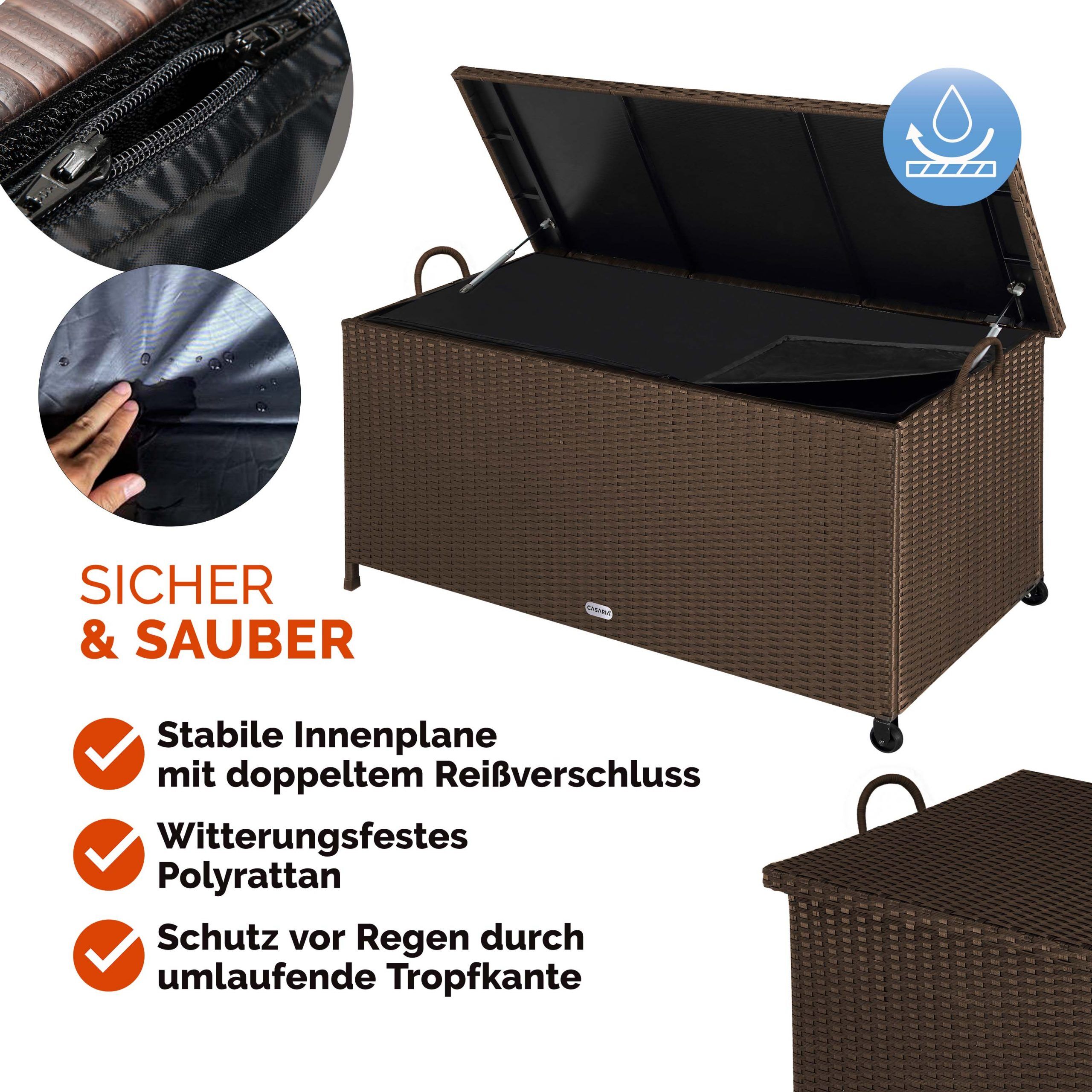 Gartenbox Polyrattan Braun 117x53x60cm mit Griffen + Rollen