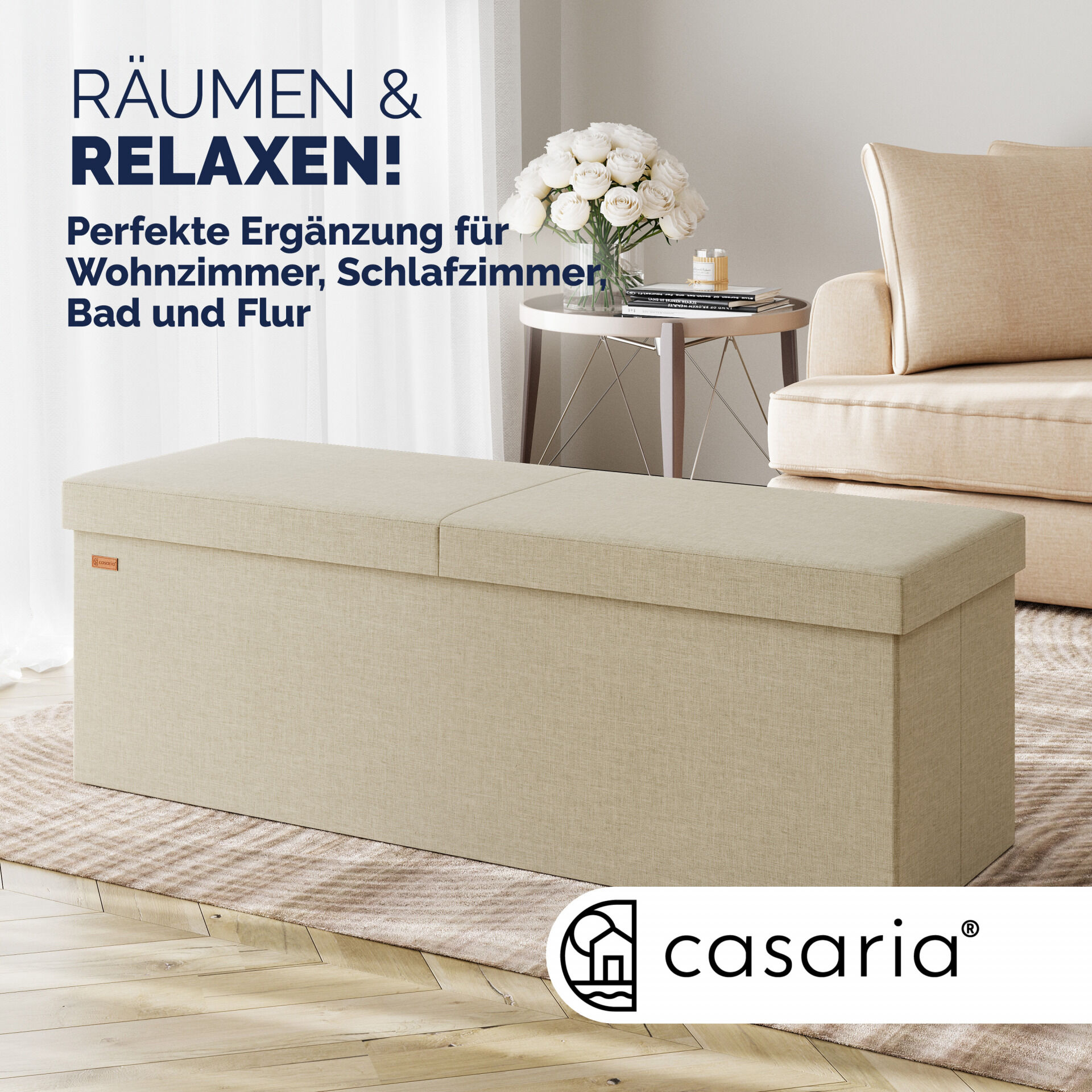 Sitzbank Beige 115x38x38cm mit Klappdeckel