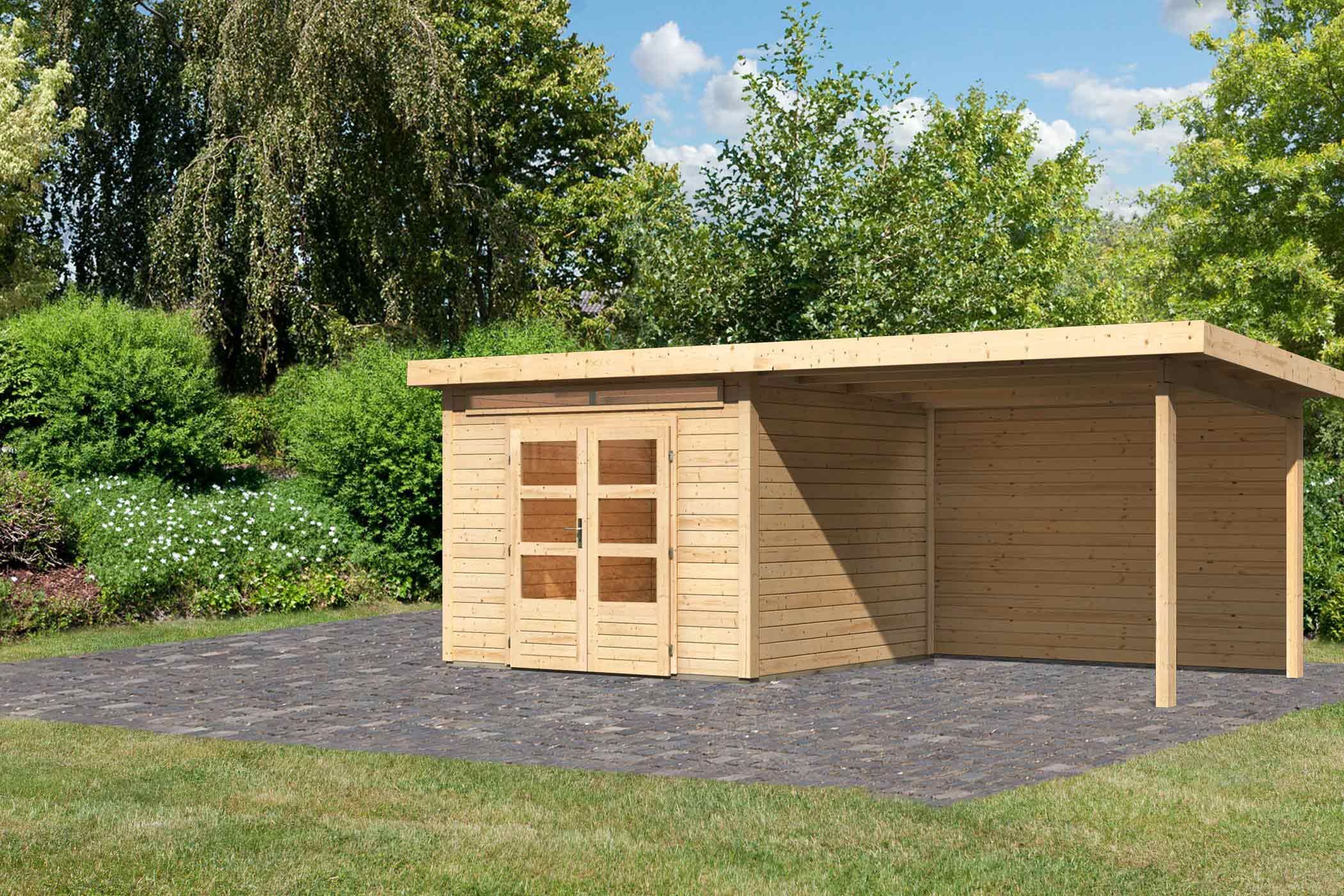 Pultdach Gartenhaus Kandern 6 im Set mit Anbaudach 3,2 m und 28 mm Rückwand natur