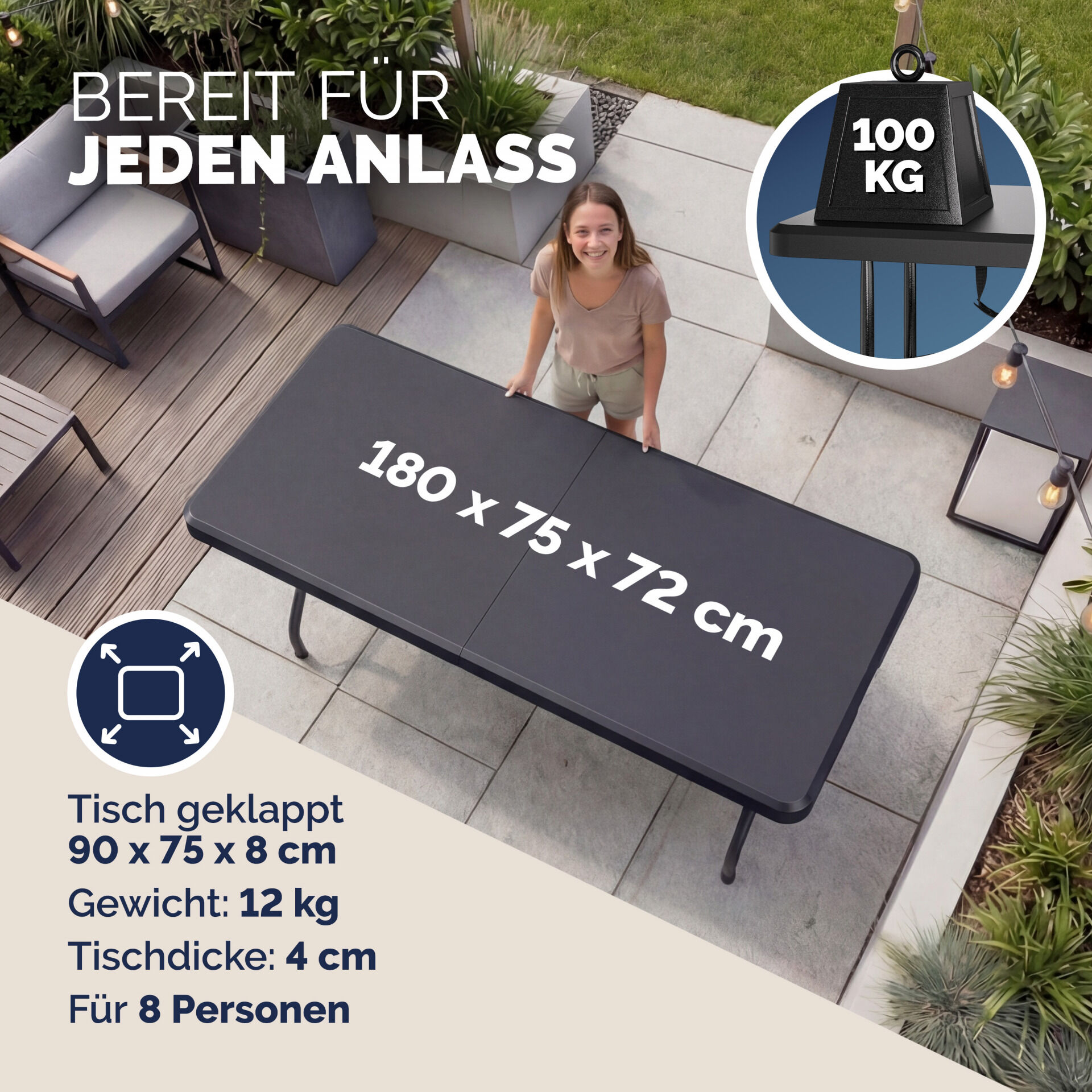 Klapptisch Anthrazit Kunststoff 183x75x73cm