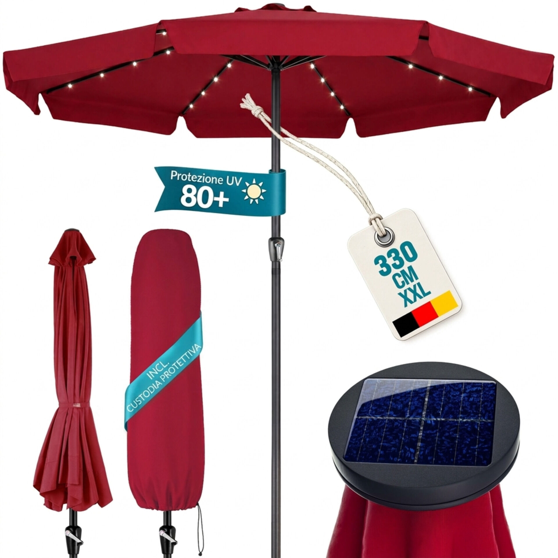 LED Solar Sonnenschirm Athen Rot Ø330cm UV-Schutz 80+