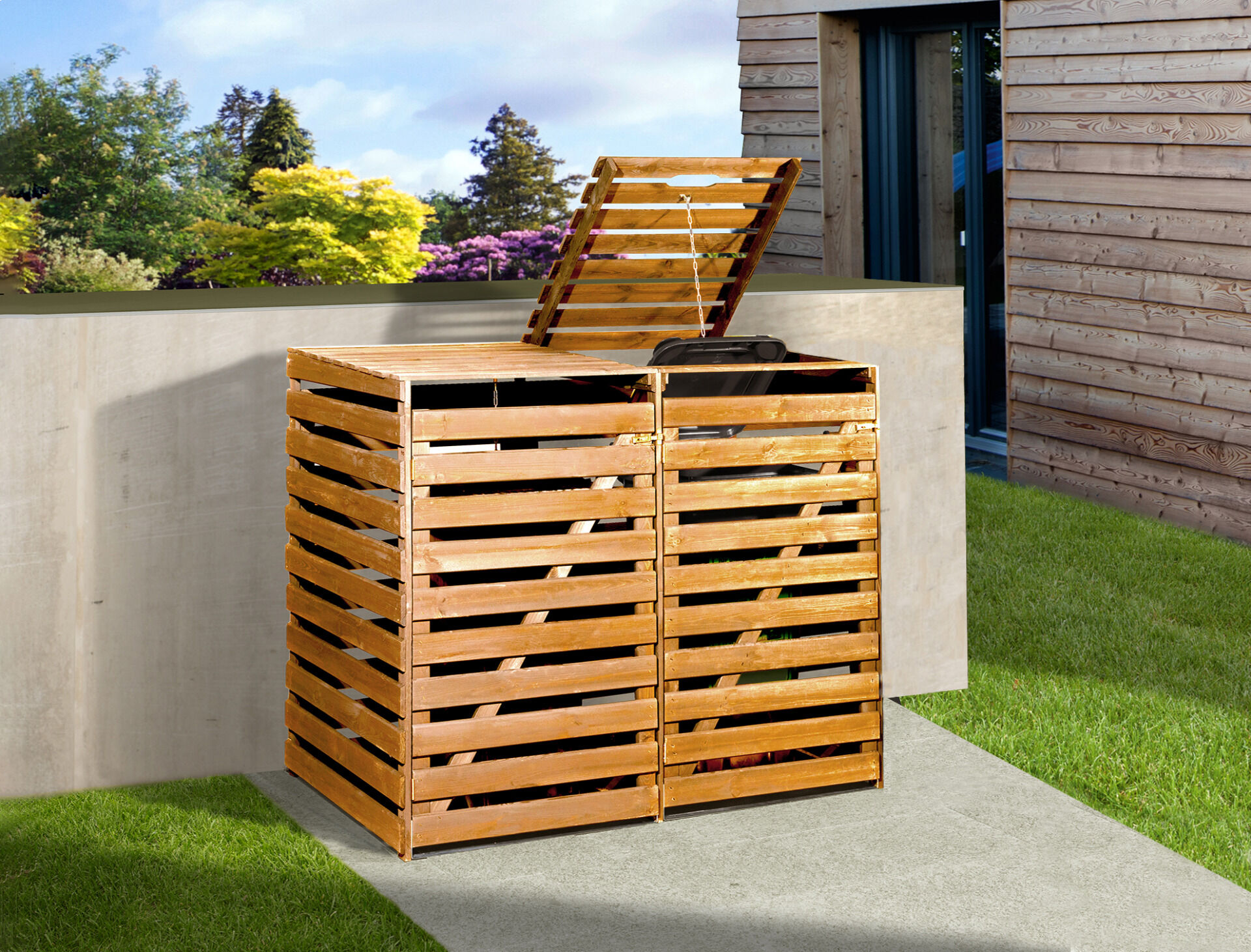 Mülltonnenbox für 2 Tonnen, honigbraun imprägniert