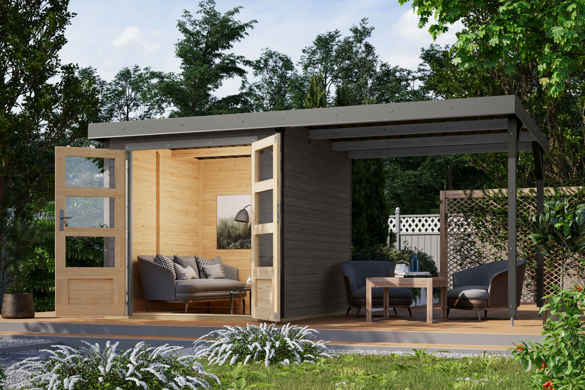 Karibu Pultdach Holz & Metall Gartenhaus Jupiter 2 Set mit Anbaudach 2,35 m, naturbelassen / graualuminium