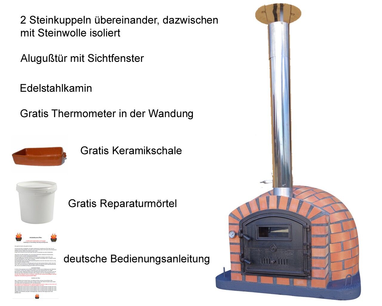 Traditioneller Backofen Luca AL 110 inkl. Kaminrohr und Regenhut aus Edelstahl, terracotta, ohne Abdeckhaube, ohne Ofenzubehör, ohne Zubehörset, ohne Grillzubehör, fahrbares Gestell schwarz