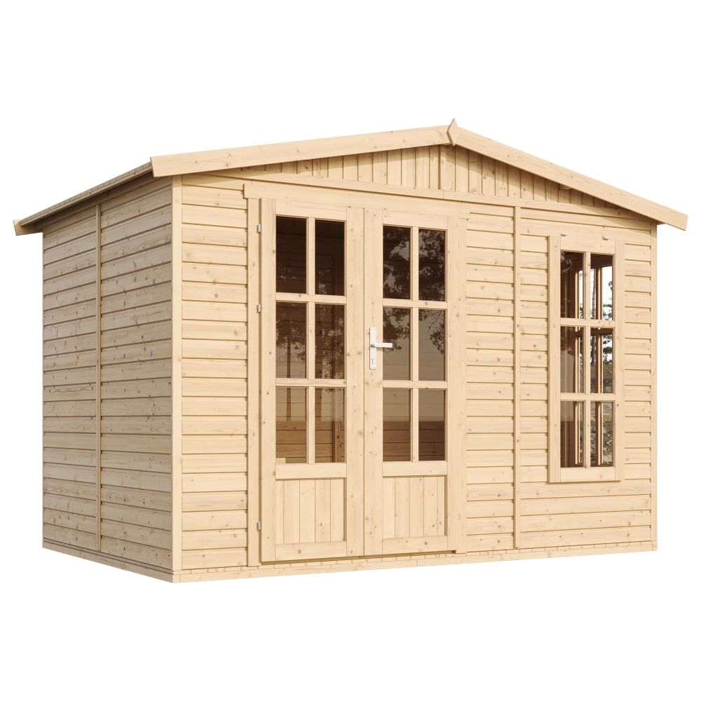 Gartenhaus Karl M334FB frontale und seitliche Ansicht links