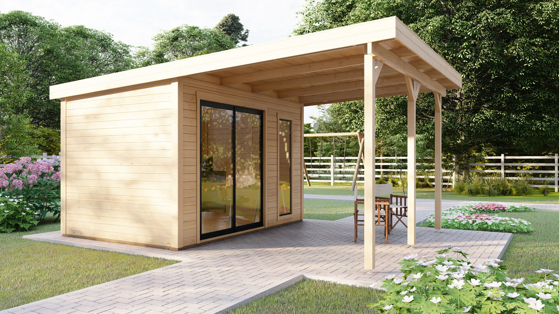 Flachdach Holz Gartenhaus Sydney 53 mit Schiebetür und Terrasse