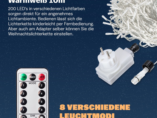 Regenlichterkette LED Warmweiß 10m Fernbedienung