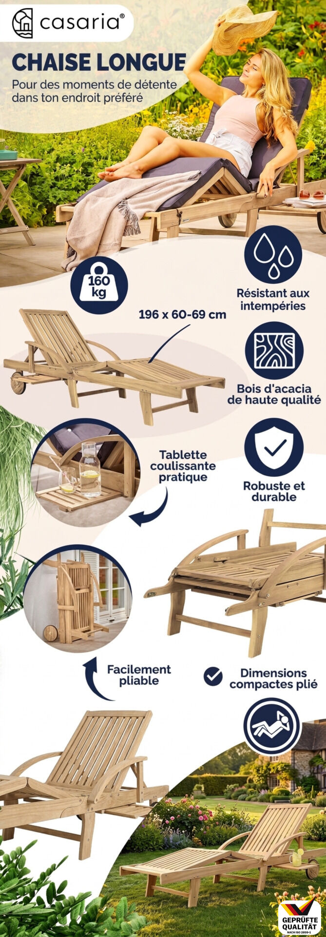 Gartenliege klappbar verstellbar Akazienholz Teak Optik Ausziehtisch Rollen