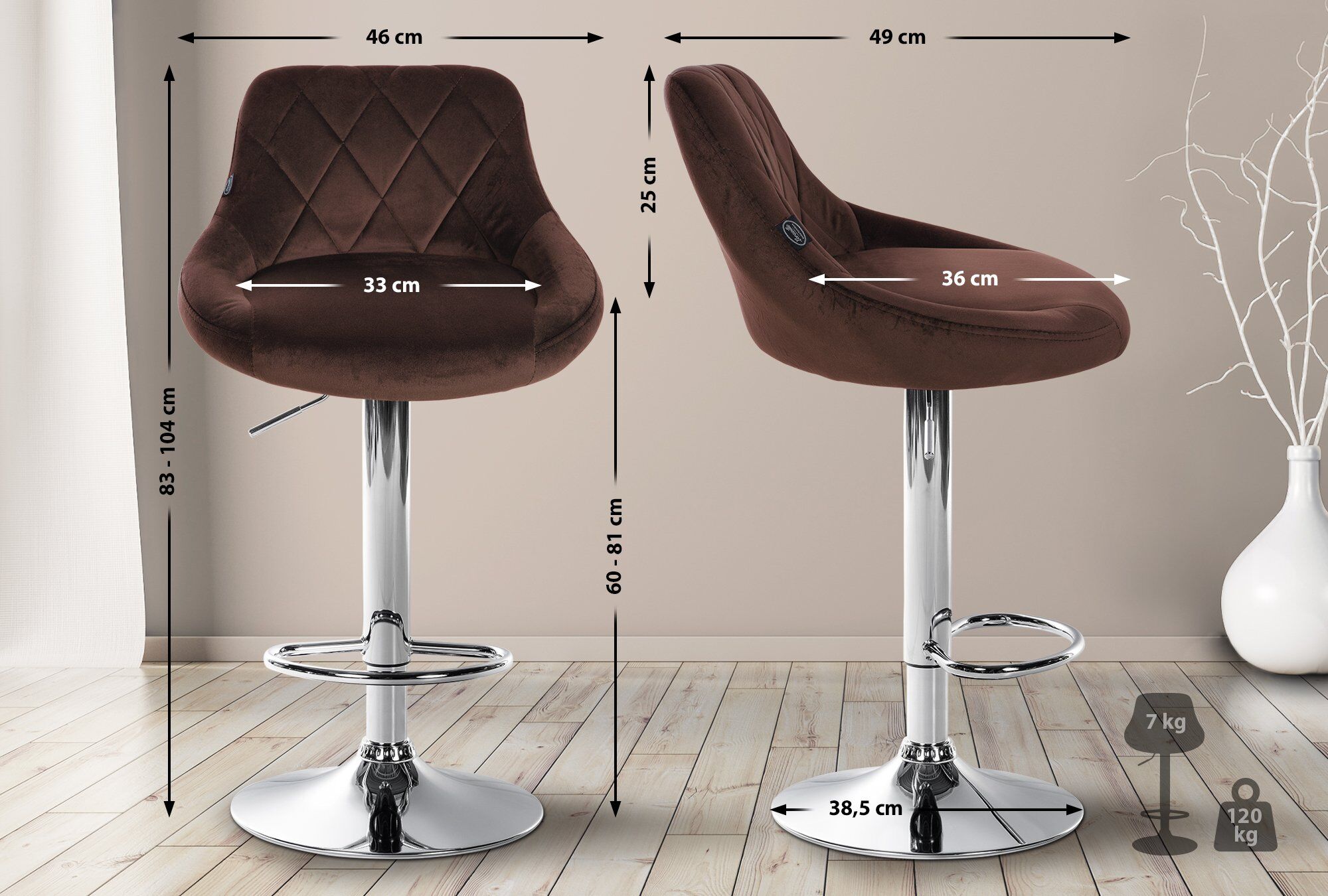 2er Set Barhocker Lazio Samt chrom, braun