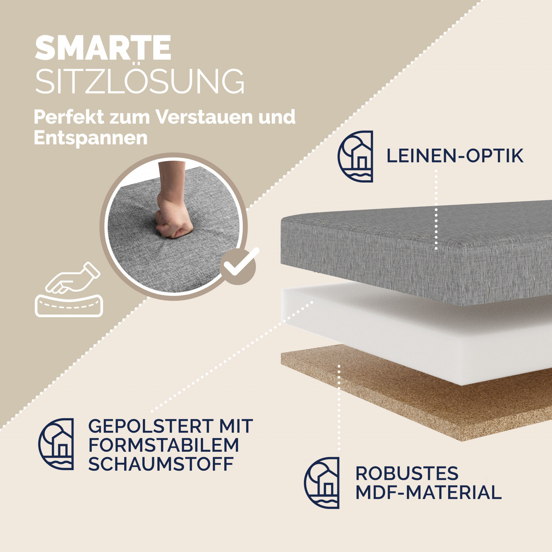 Sitzbank Hellgrau 80x40x40cm mit Stauraum faltbar