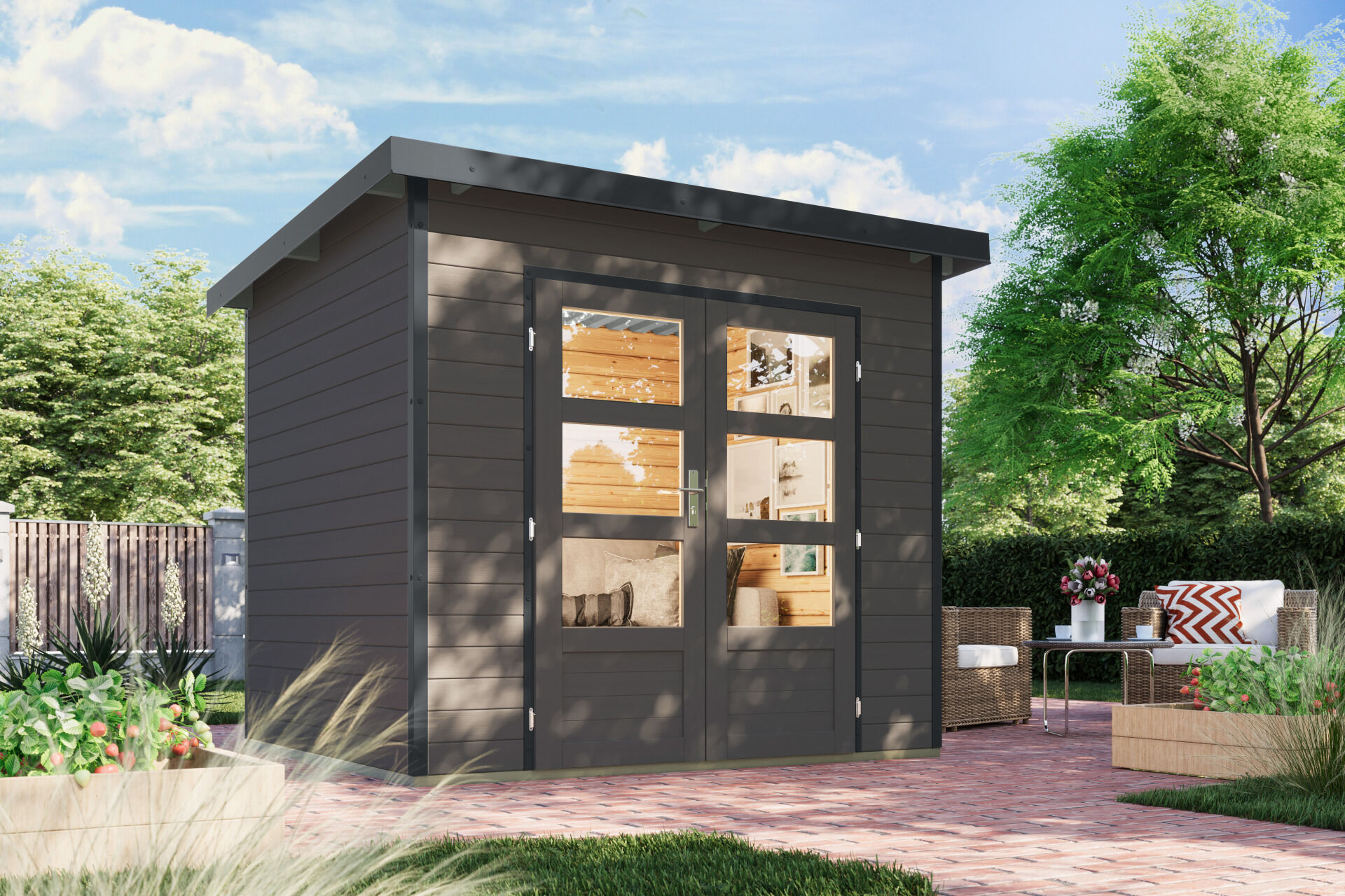 Karibu Pultdach Holz & Metall Gartenhaus Pluto 2, naturbelassen / graualuminium