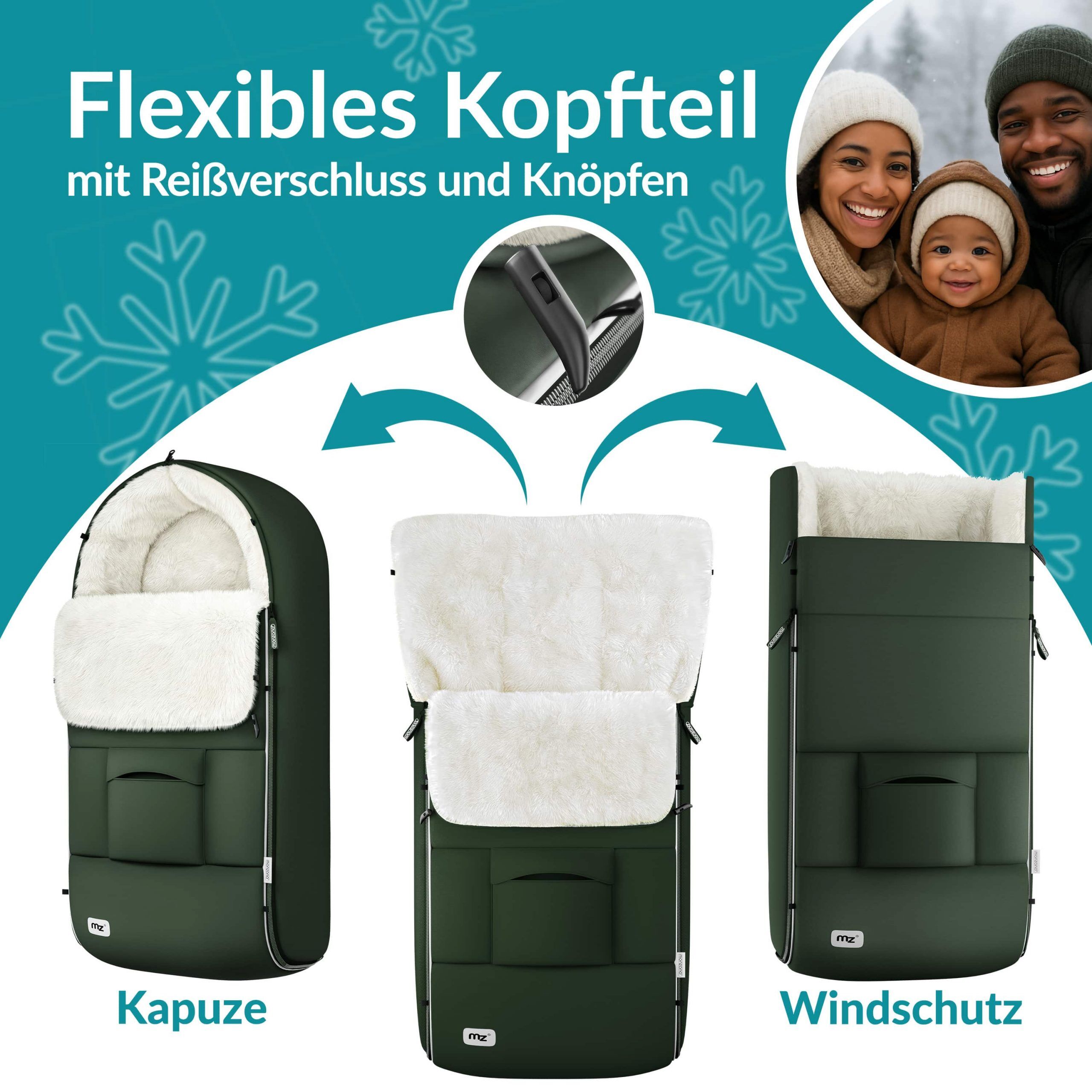 Babyfußsack Grau-Grün gefüttert Kinderwagen geeignet