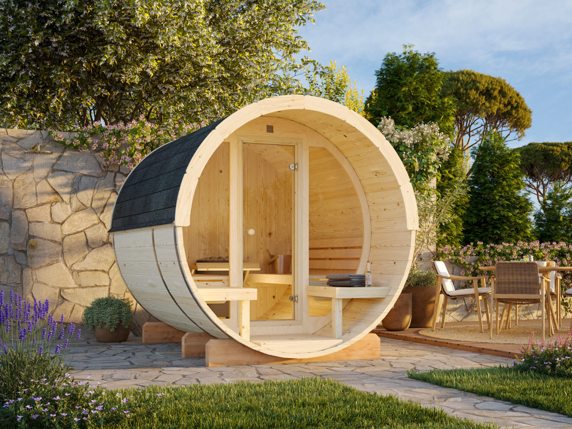 Palmako Saunafass Anita 1,3+0,7 m² mit Glasfront