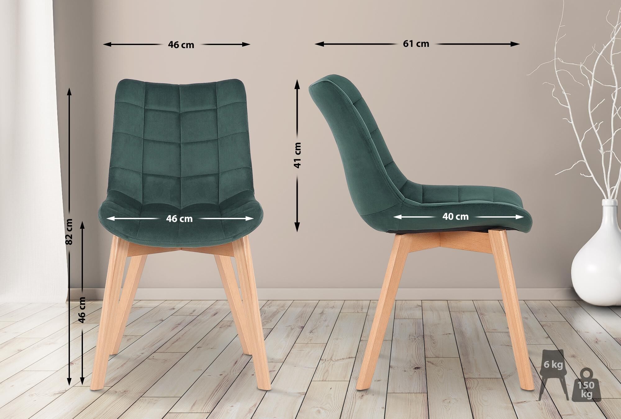 2er Set Esszimmerstühle Passaic Samt, grün