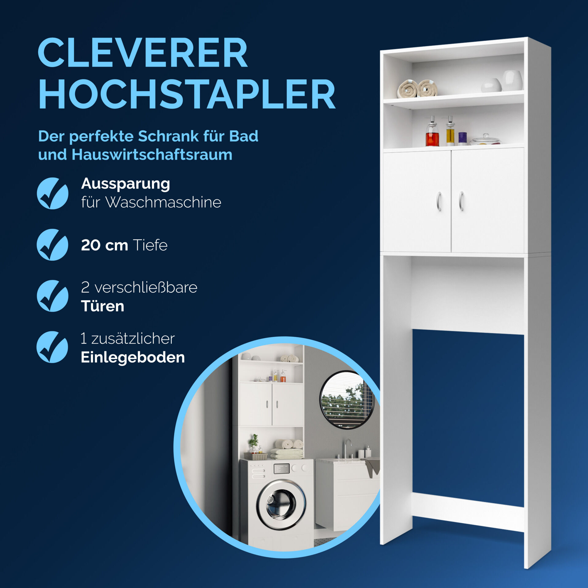 Waschmaschinenschrank 185x63x20cm kompakt 3 Böden Magnettüren Weiß