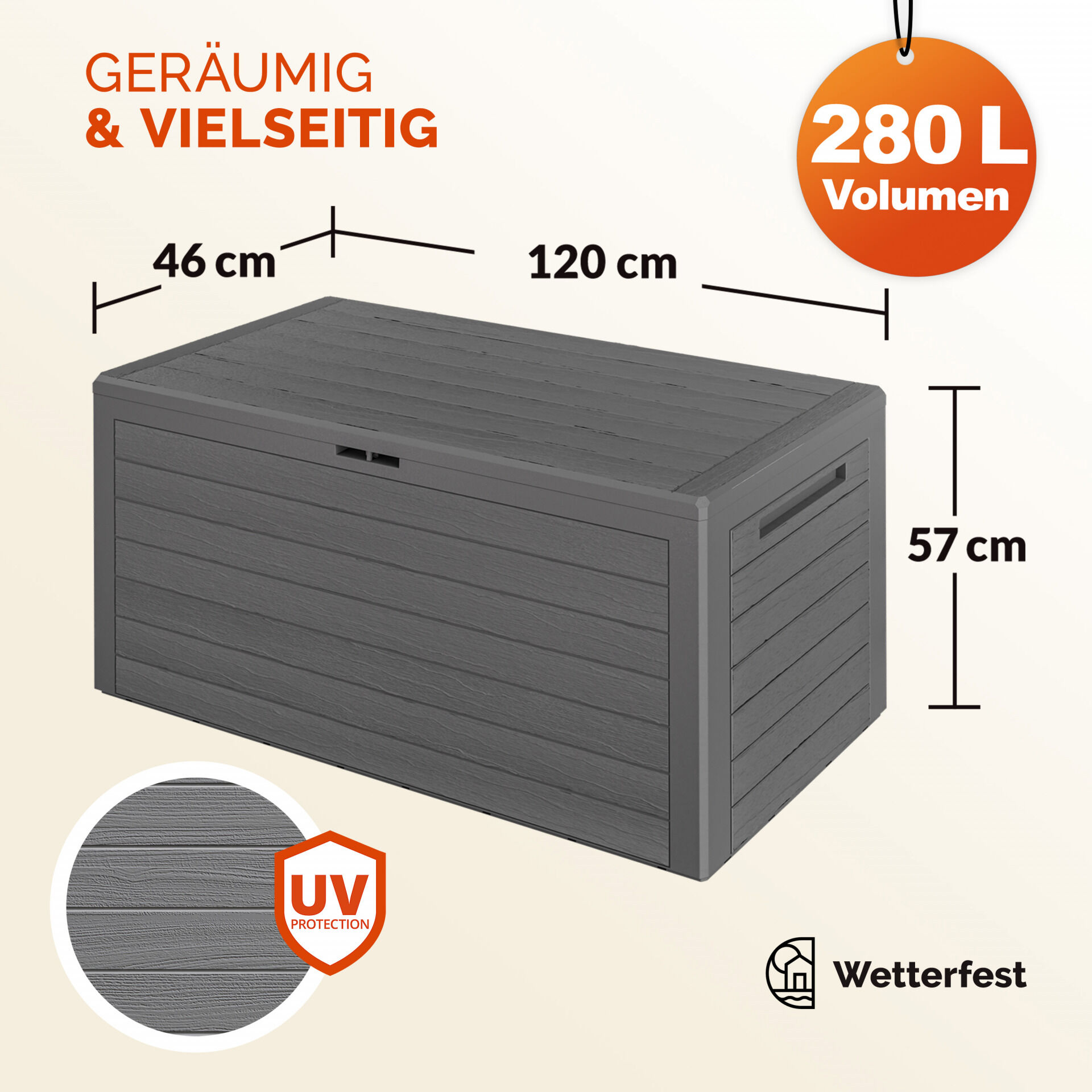 Gartenbox Woody 280L Grau Holzoptik wasserdicht