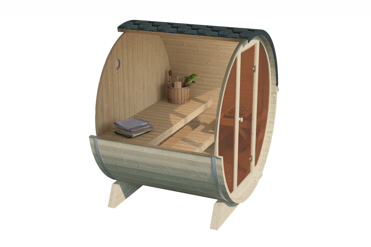 Finn Art Fass-Sauna Luka Innenansicht mit Bänken, Wasserkübel, Aufgusskelle und Handtüchern