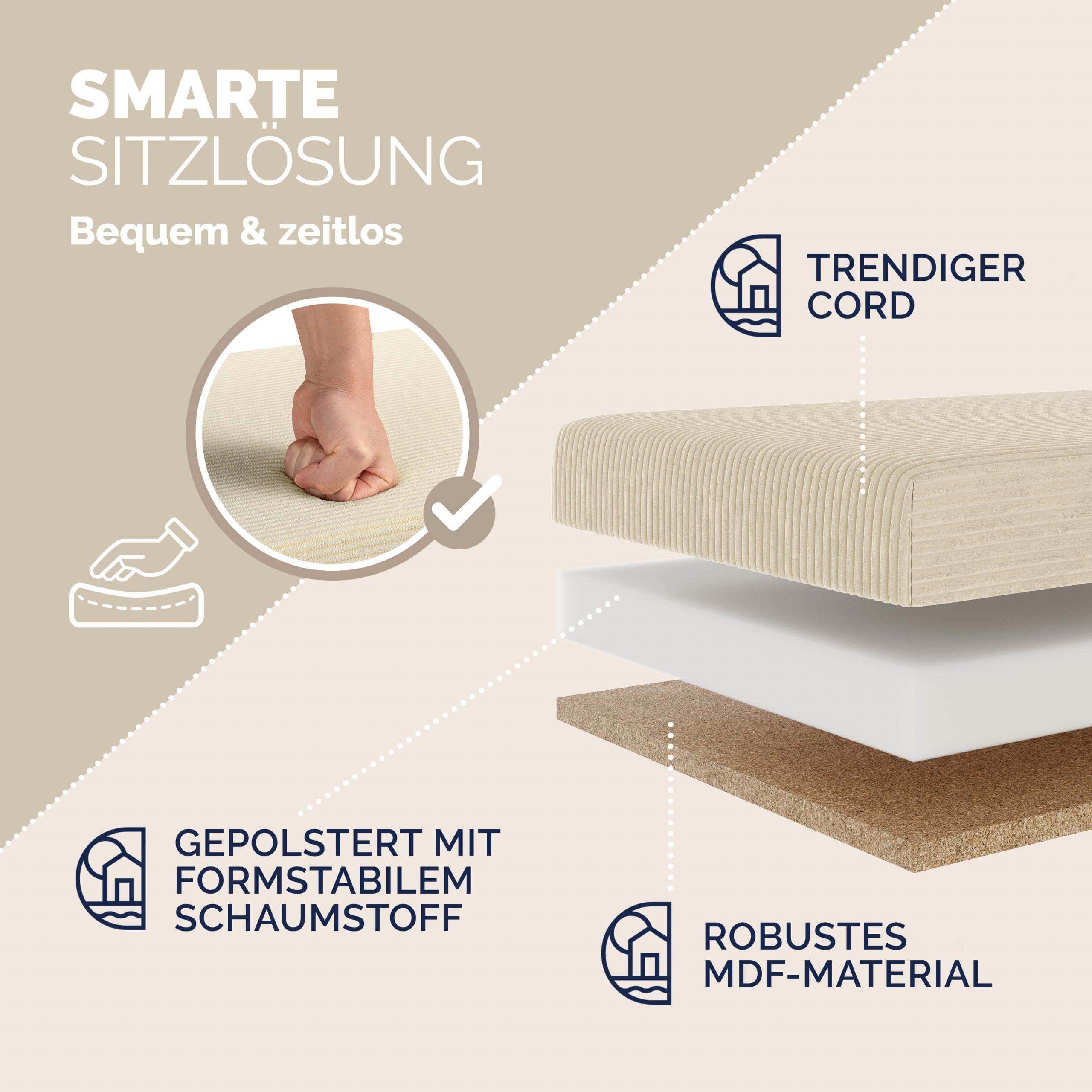 Sitzbank Beige Cord 114x38x38cm MDF faltbar