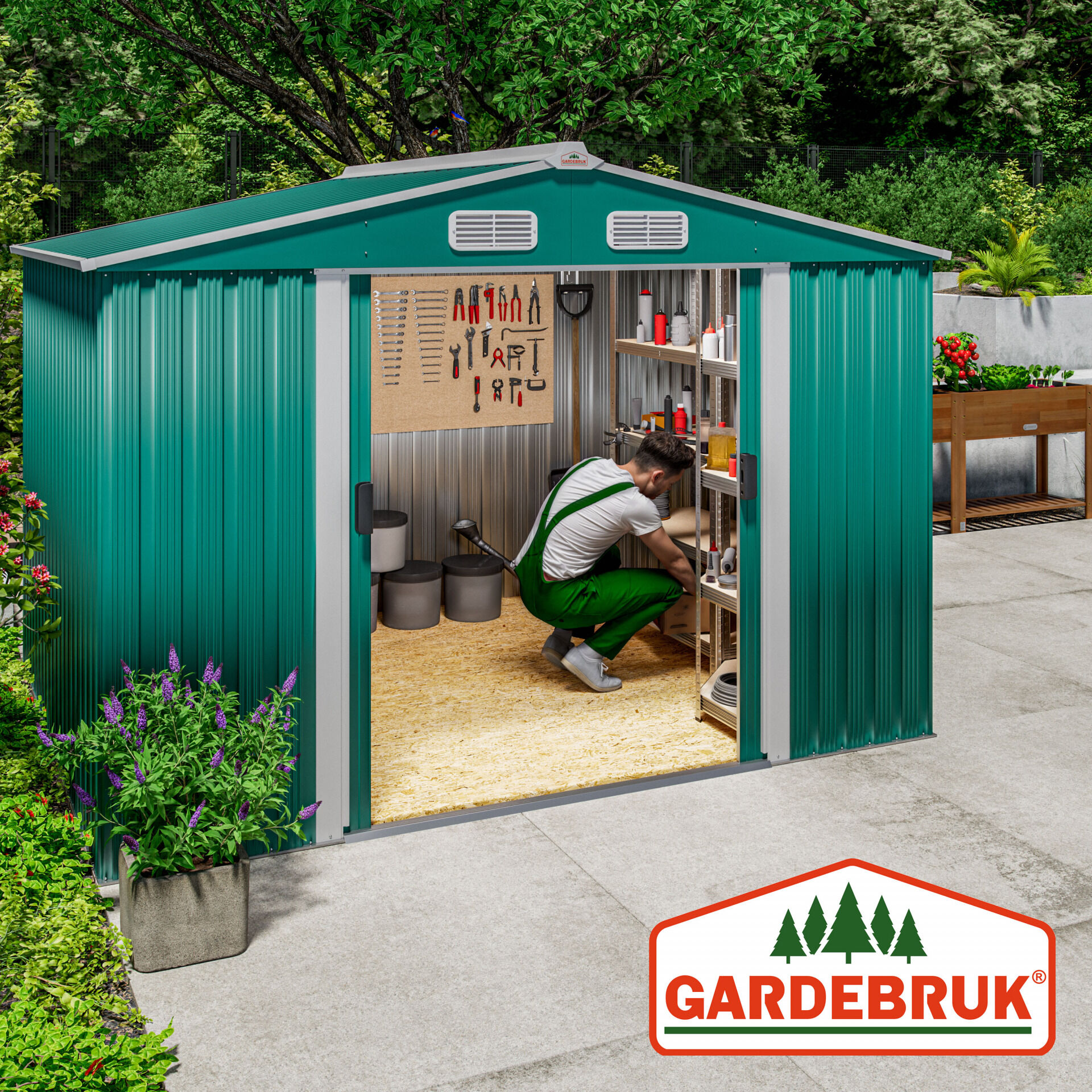 Geräteschuppen Grün 260x205x180cm 5m² verzinkter Bodenkranz Schiebetür