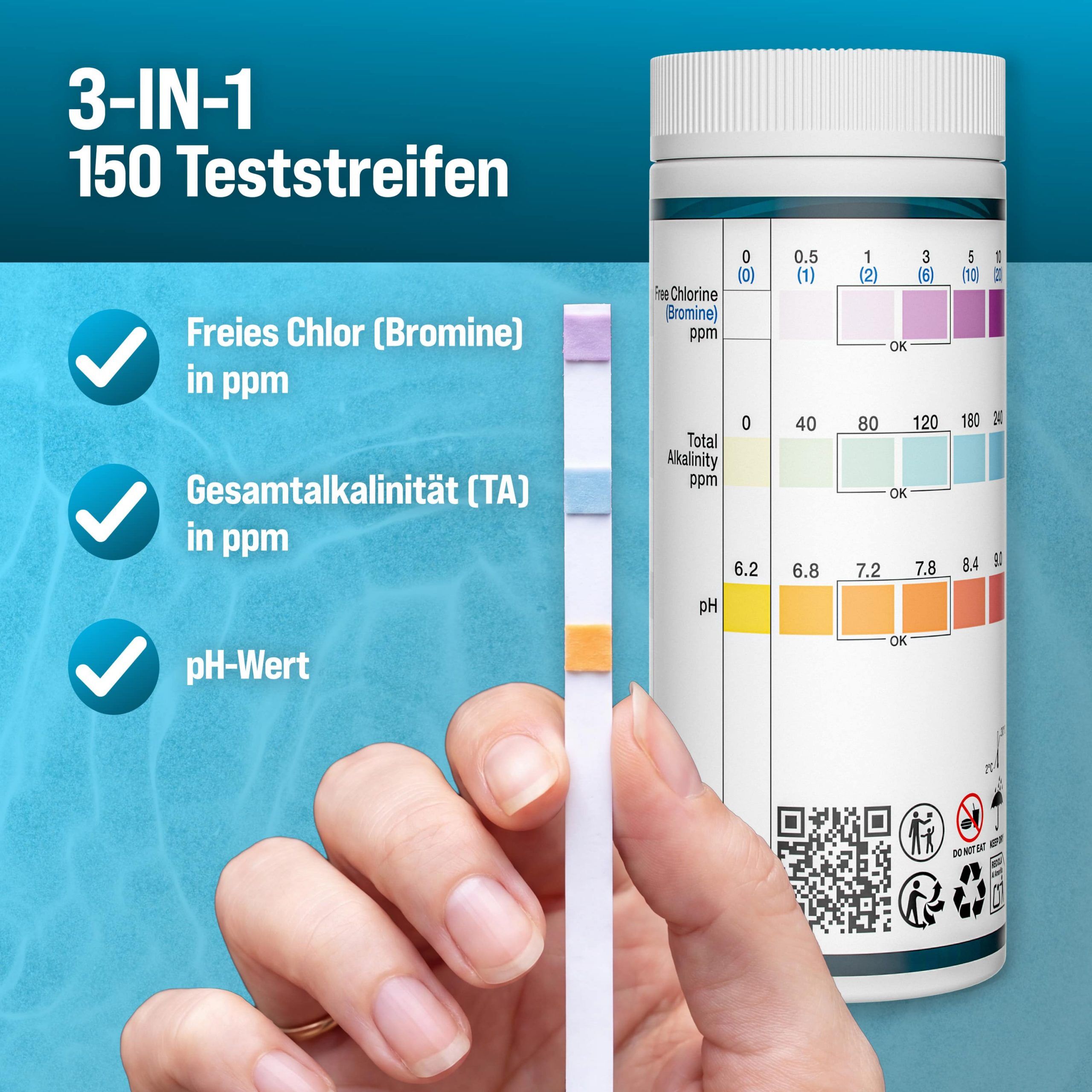 Dosierschwimmer Pool für 20-200g Tabletten inklusive 150 3in1 Teststreifen UV-Resistent Chlor Schwimmer mit Thermometer