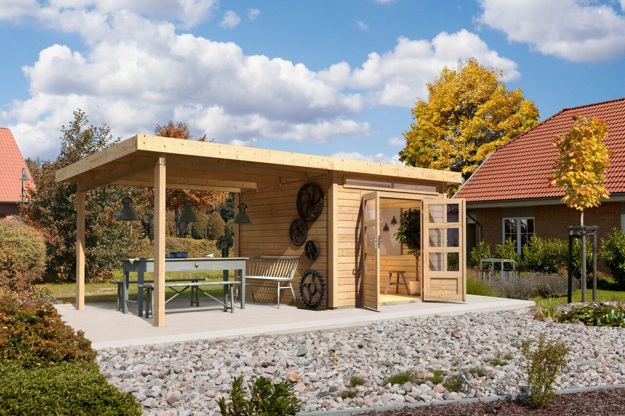 Pultdach Gartenhaus Kandern 6 im Set mit Anbaudach 3,2 m natur