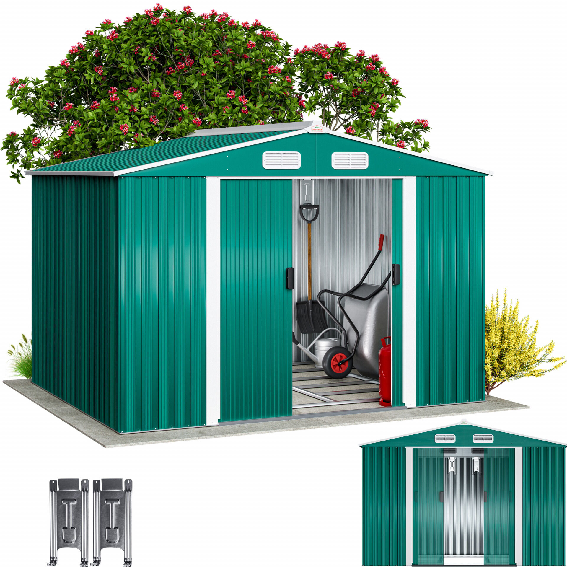 Geräteschuppen Grün 260x205x180cm 5m² verzinkter Bodenkranz Schiebetür