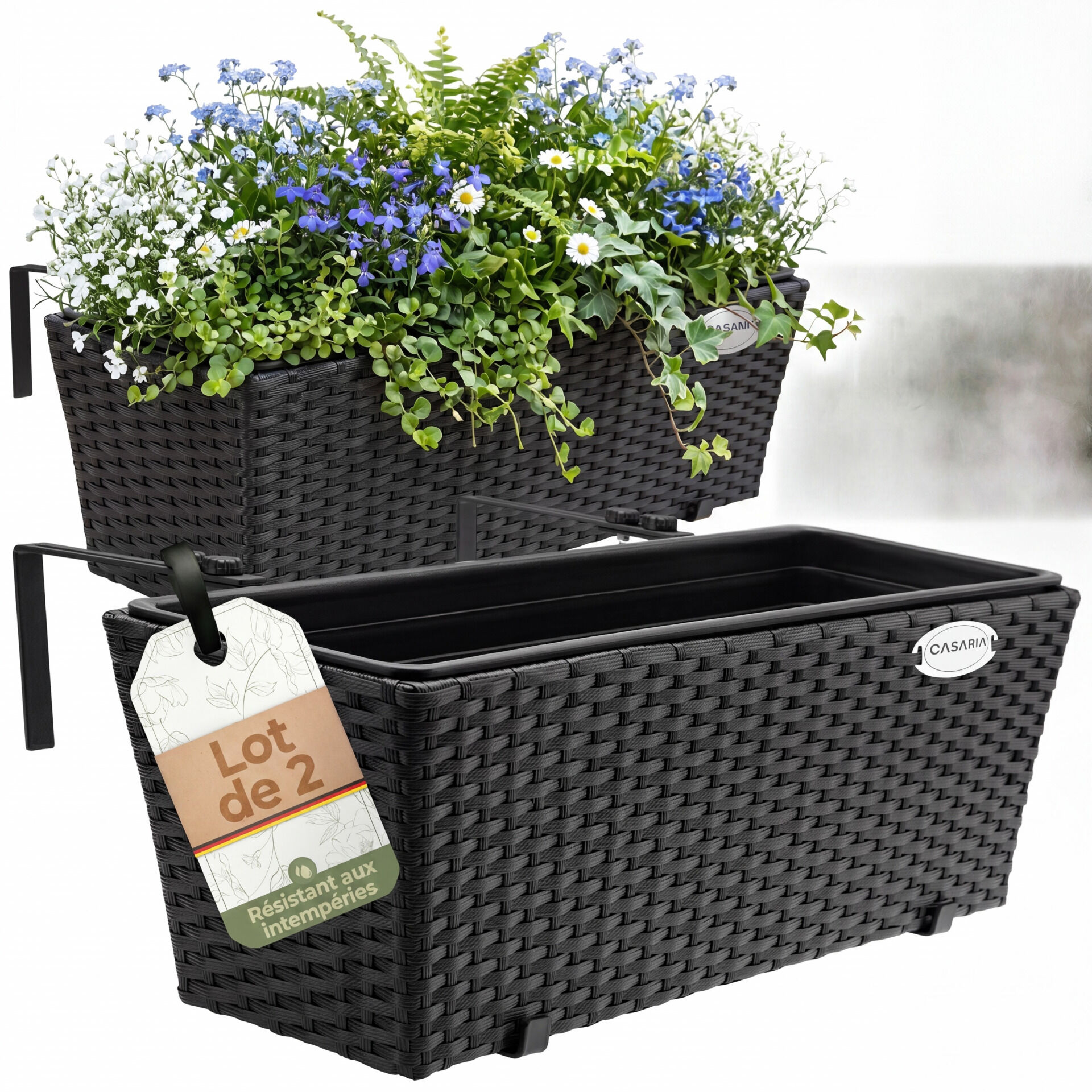 Polyrattan Blumenkasten 2er-Set Schwarz