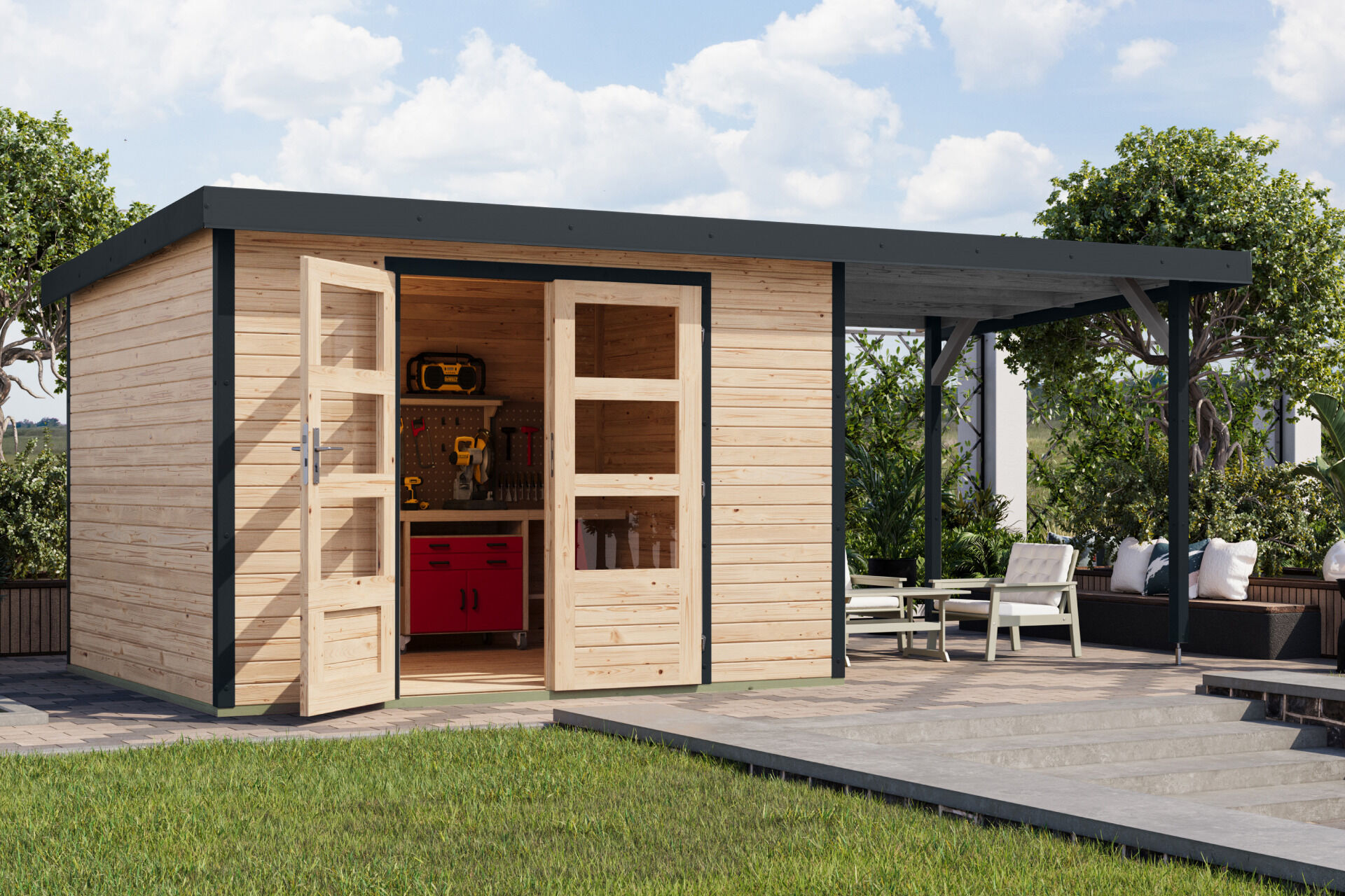 Karibu Pultdach Holz & Metall Gartenhaus Jupiter 5 Set mit Anbaudach 2,35 m, naturbelassen / graualuminium
