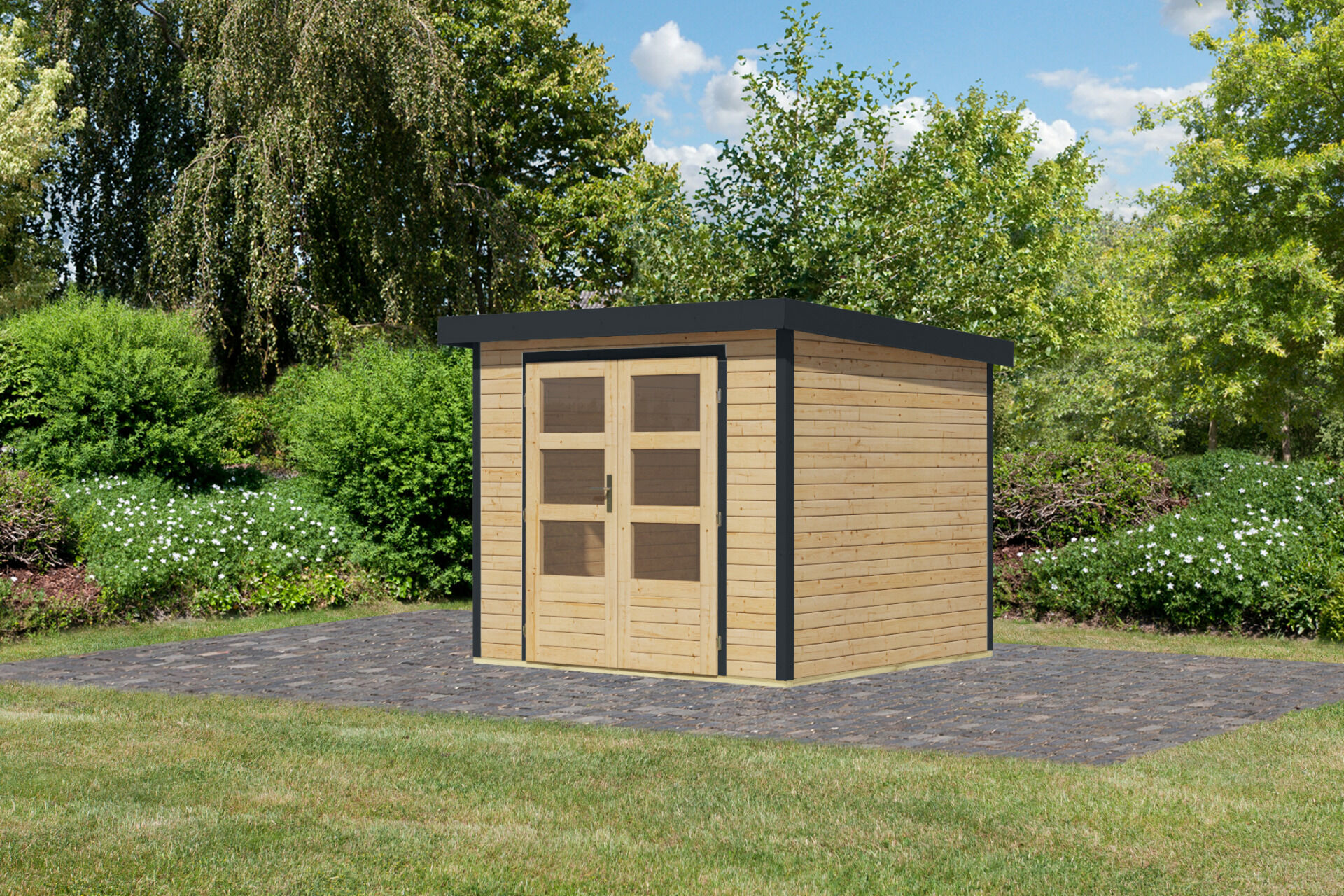 Karibu Pultdach Holz & Metall Gartenhaus Jupiter 3, naturbelassen / graualuminium