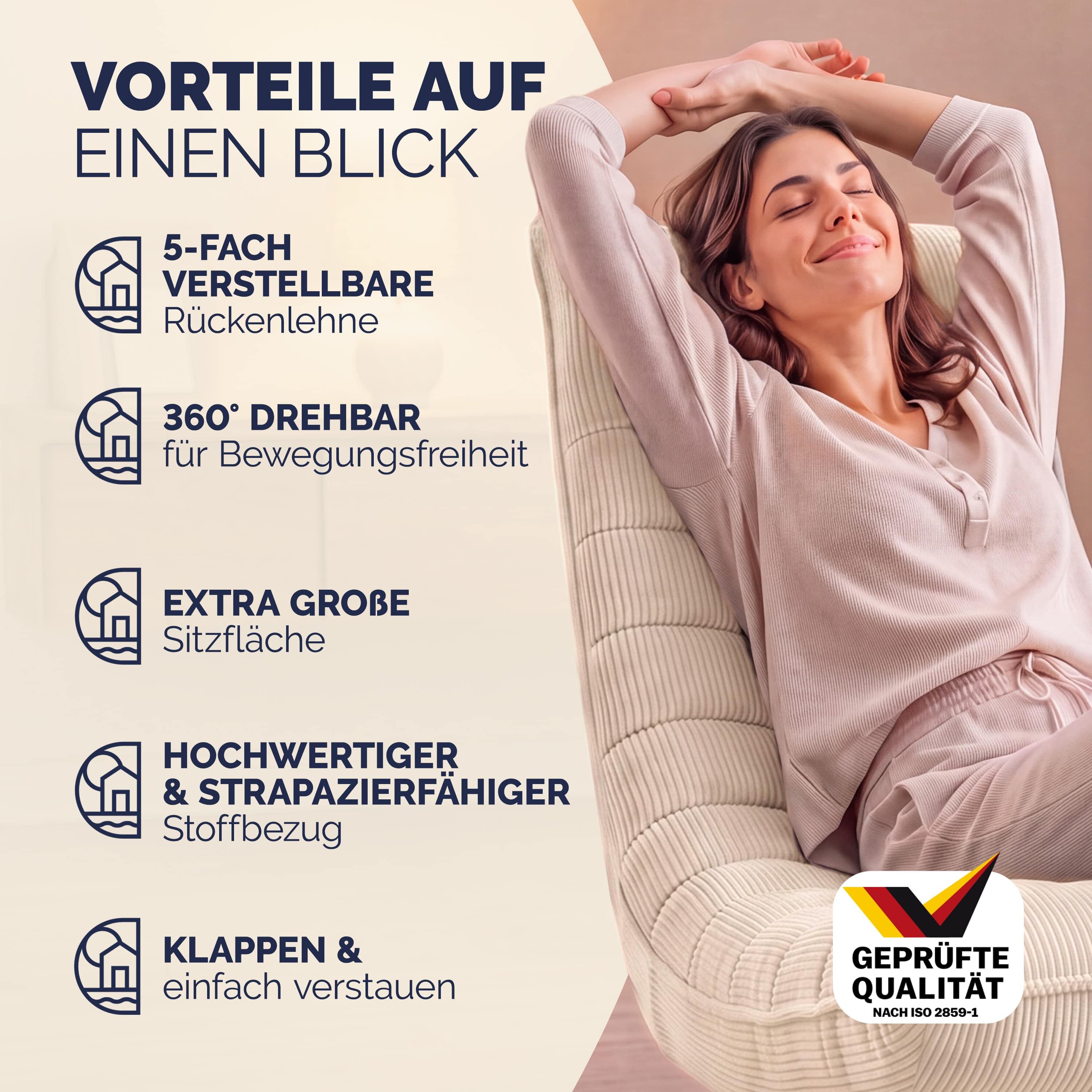 Sessel Aberdeen Creme Cord 5fach verstellbar 360 Grad drehbar klappbar