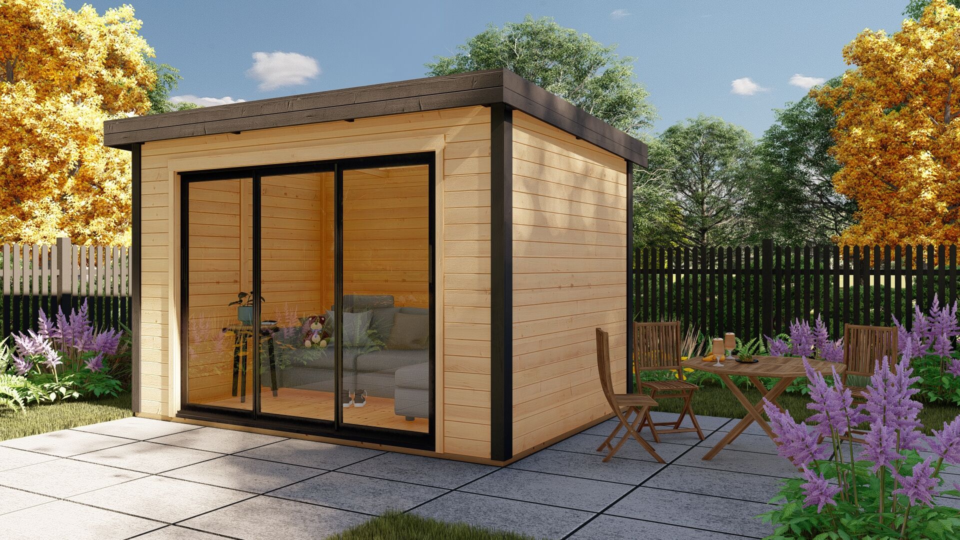 28 mm Flachdach Holz Gartenhaus modern Sydney 54 mit Schiebetür