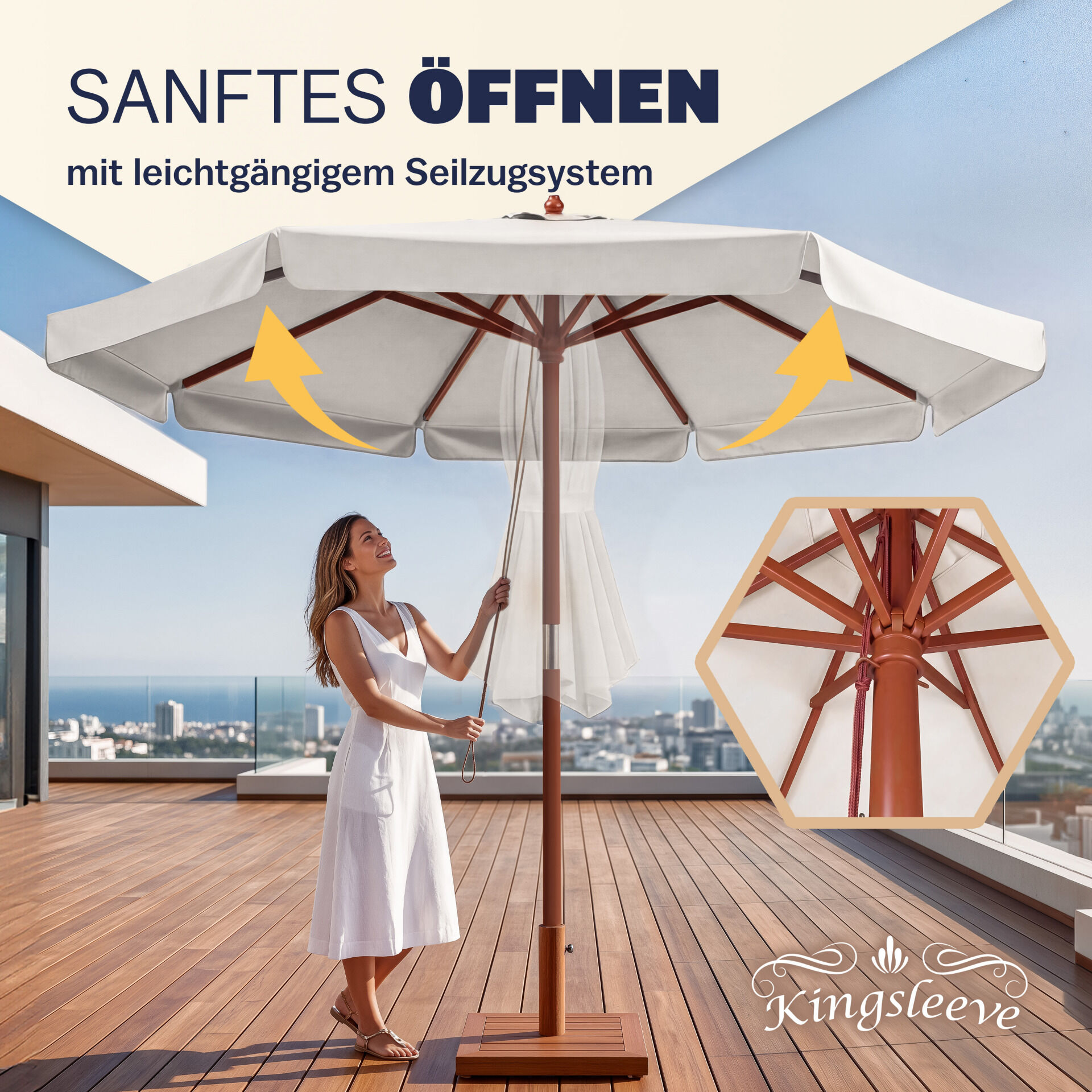 Sonnenschirm Holz Beige Ø330cm UV-Schutz 80+