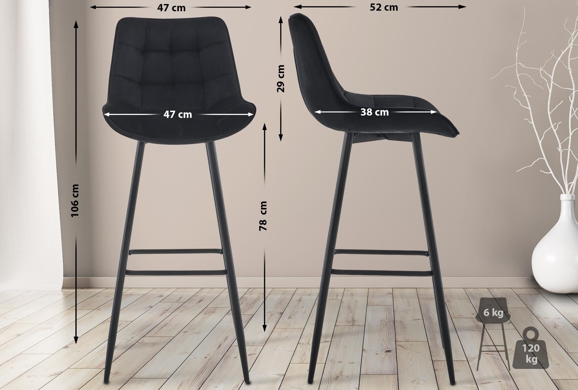 2er Set Barhocker Dartford Samt, schwarz