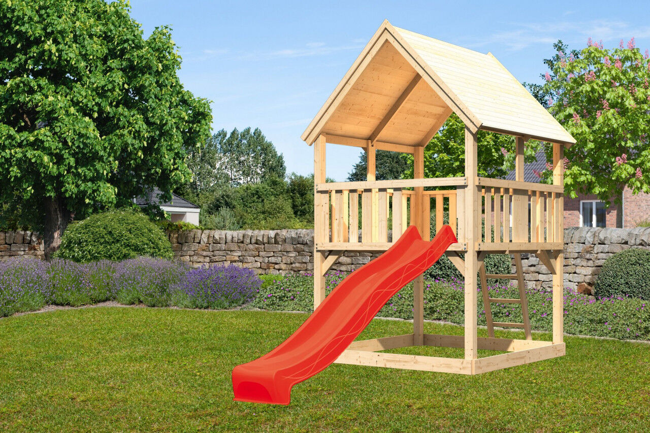 Spielturm Luis Satteldach mit Rutsche SET mit Rutsche rot