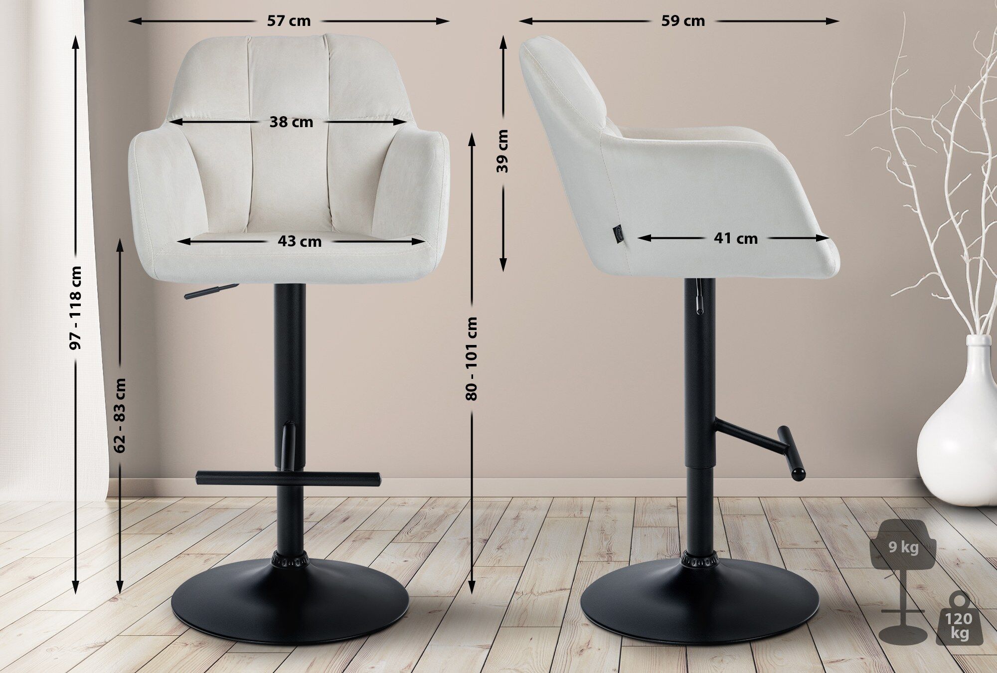 Barhocker Natoma Samt schwarz, creme