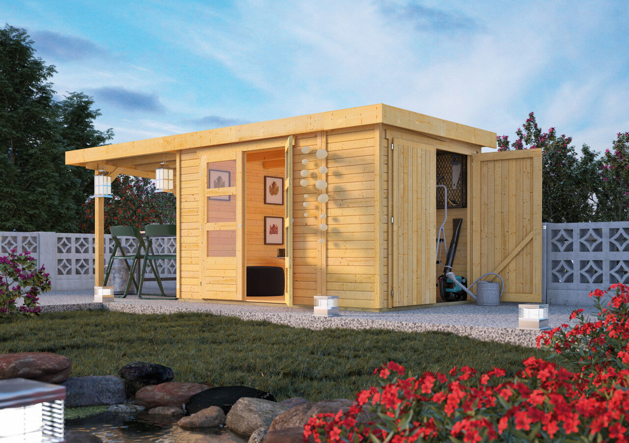 Flachdach Gartenhaus Retola 3 inkl. Anbauschrank und Anbaudach 2,40 m natur