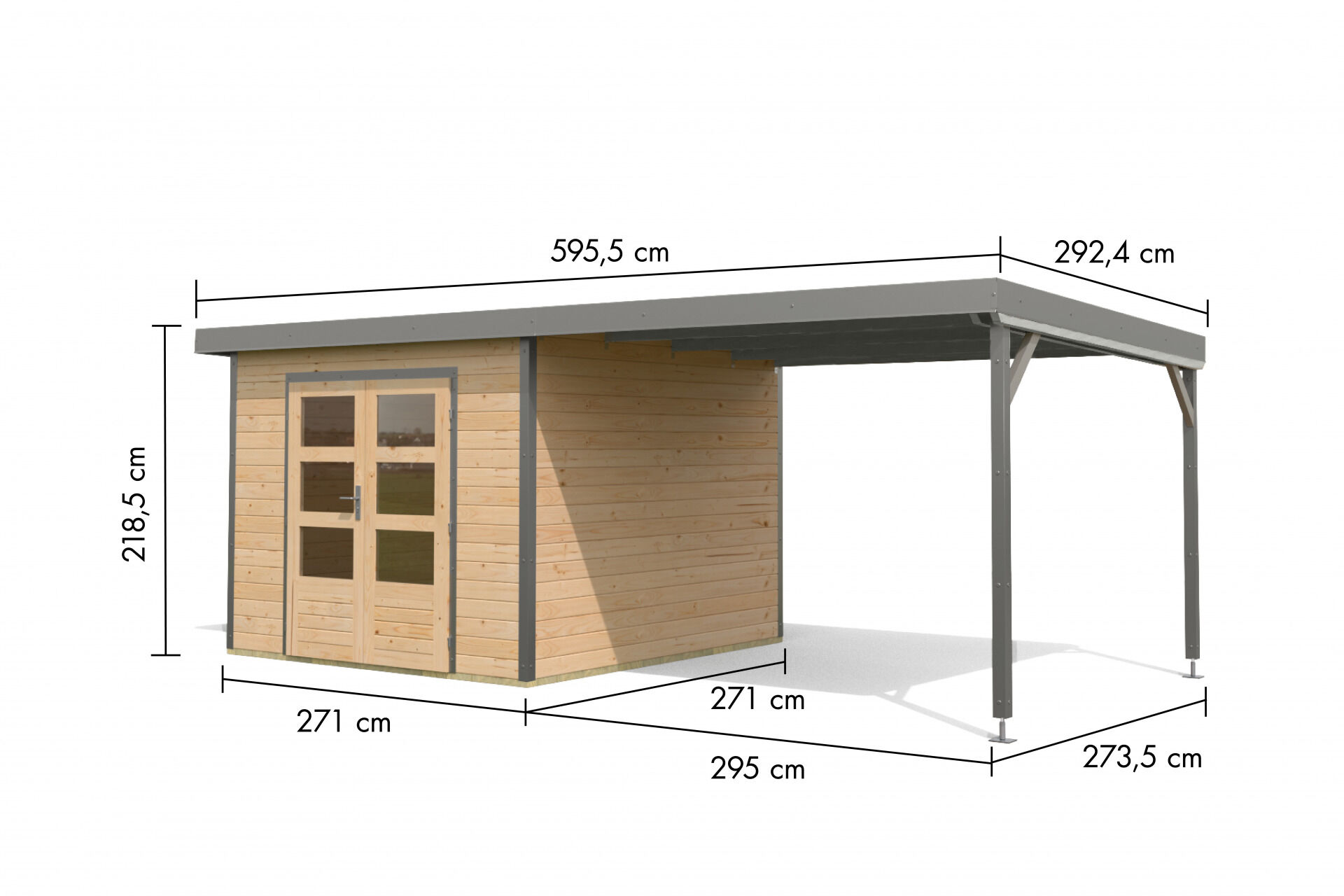 Karibu Pultdach Holz & Metall Gartenhaus Pluto 6 Set mit Anbaudach 3,07 m, naturbelassen / graualuminium
