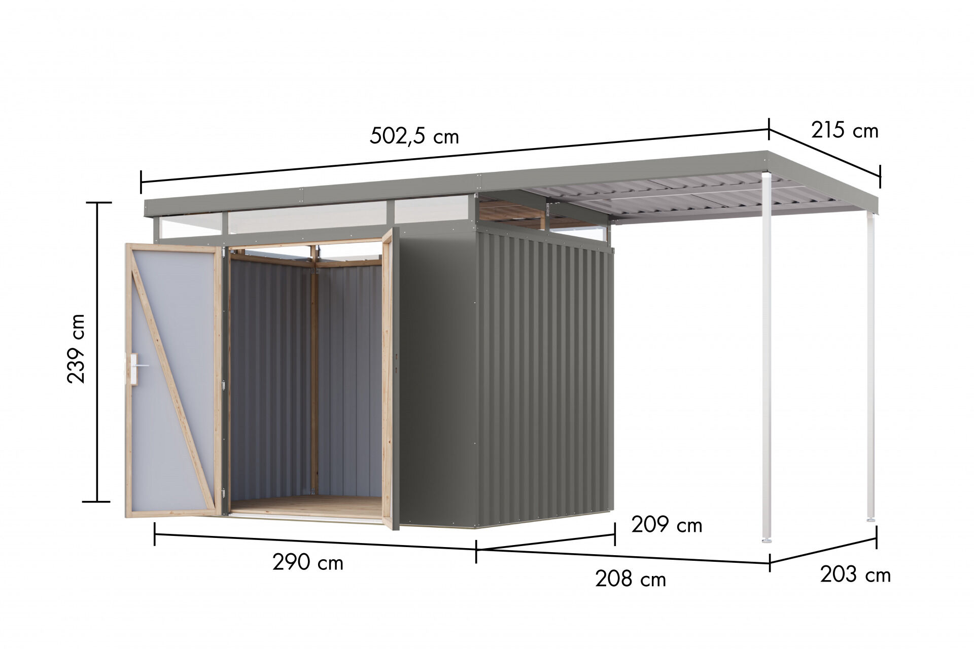 Karibu Flachdach Metall Gartenhaus Aurum 3 Set mit Anbaudach 2m, graualuminium