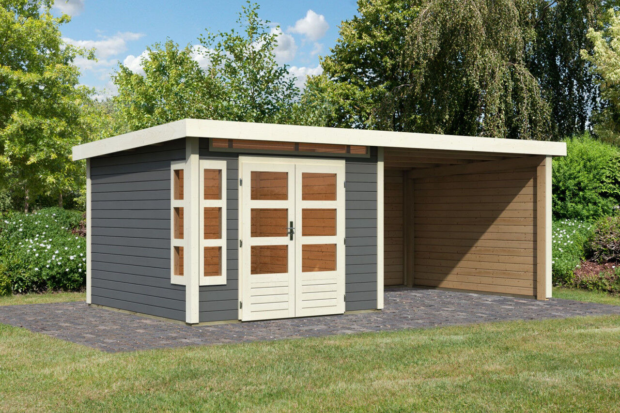 Karibu Pultdach Gartenhaus Kastorf 6 SET terragrau mit Anbaudach 3,2 m, Rückwand, Seitenwand terragrau
