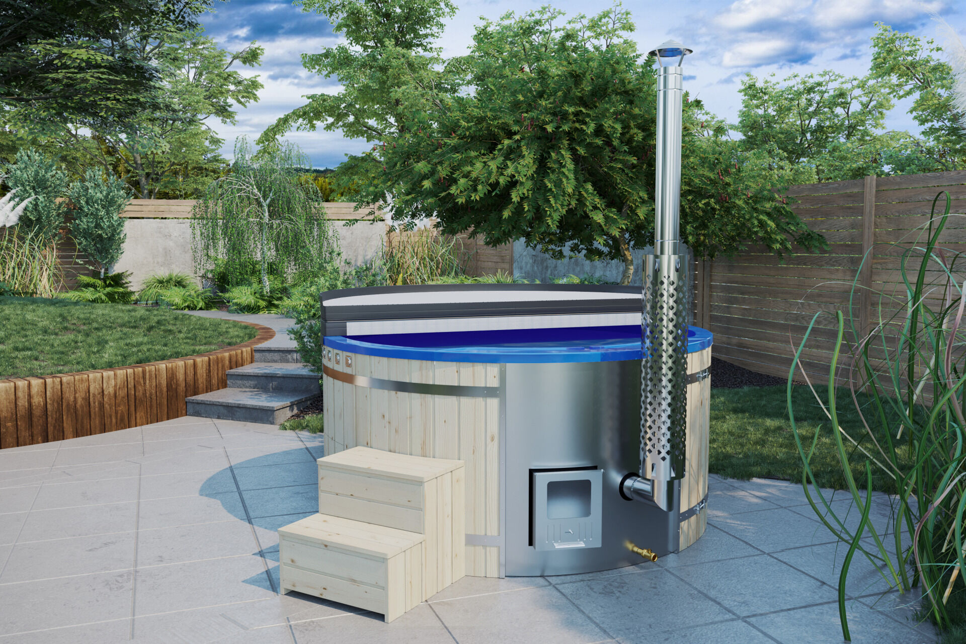 Badefass Prestige rund Fichte mit blauem Einsatz, Iso-Deckel, integriertem Holzofen und Treppe auf Terrasse